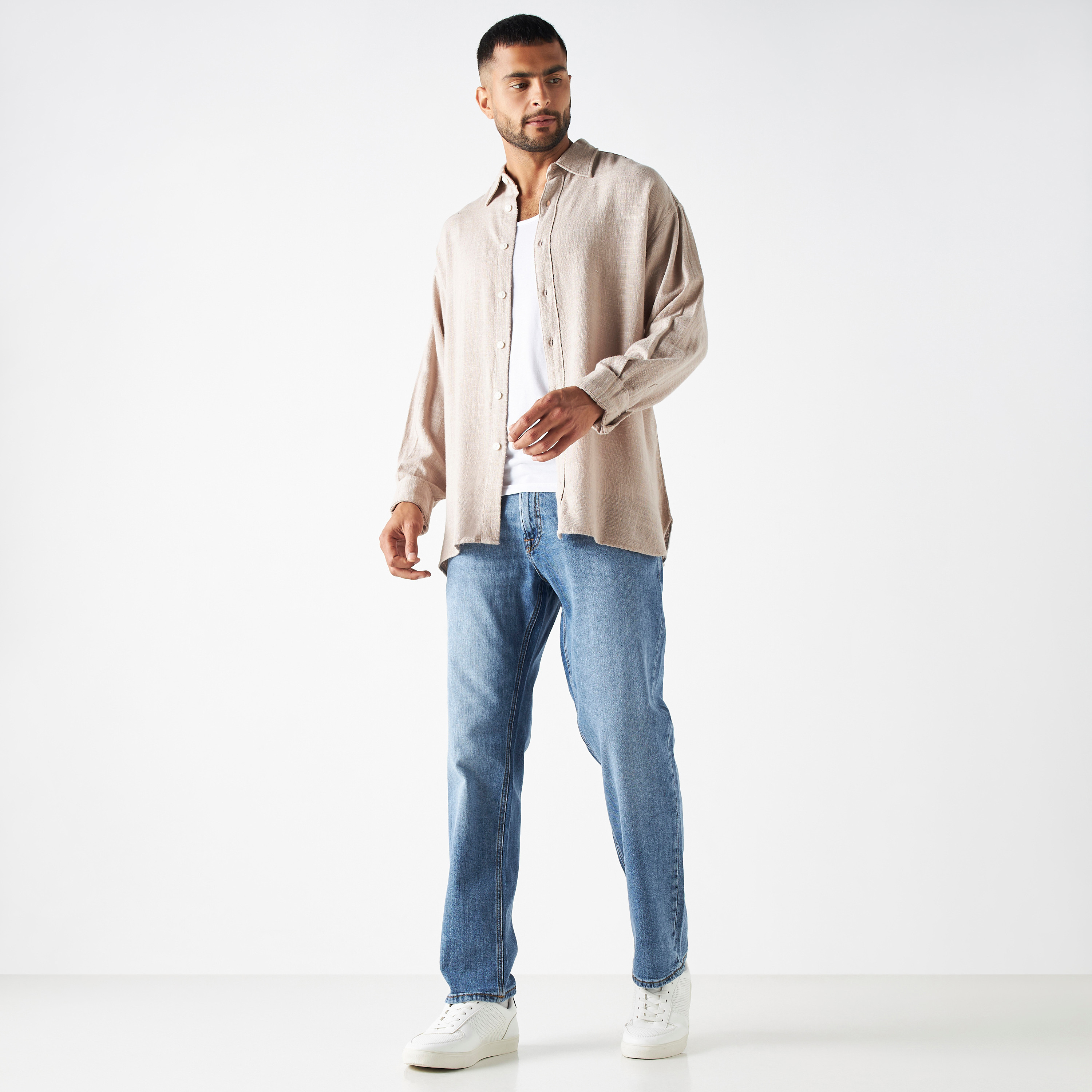 Jack & Jones Textured Spread Collar Long Sleeves Oversized Slub Shirt-men-clothing-shirts-image-2