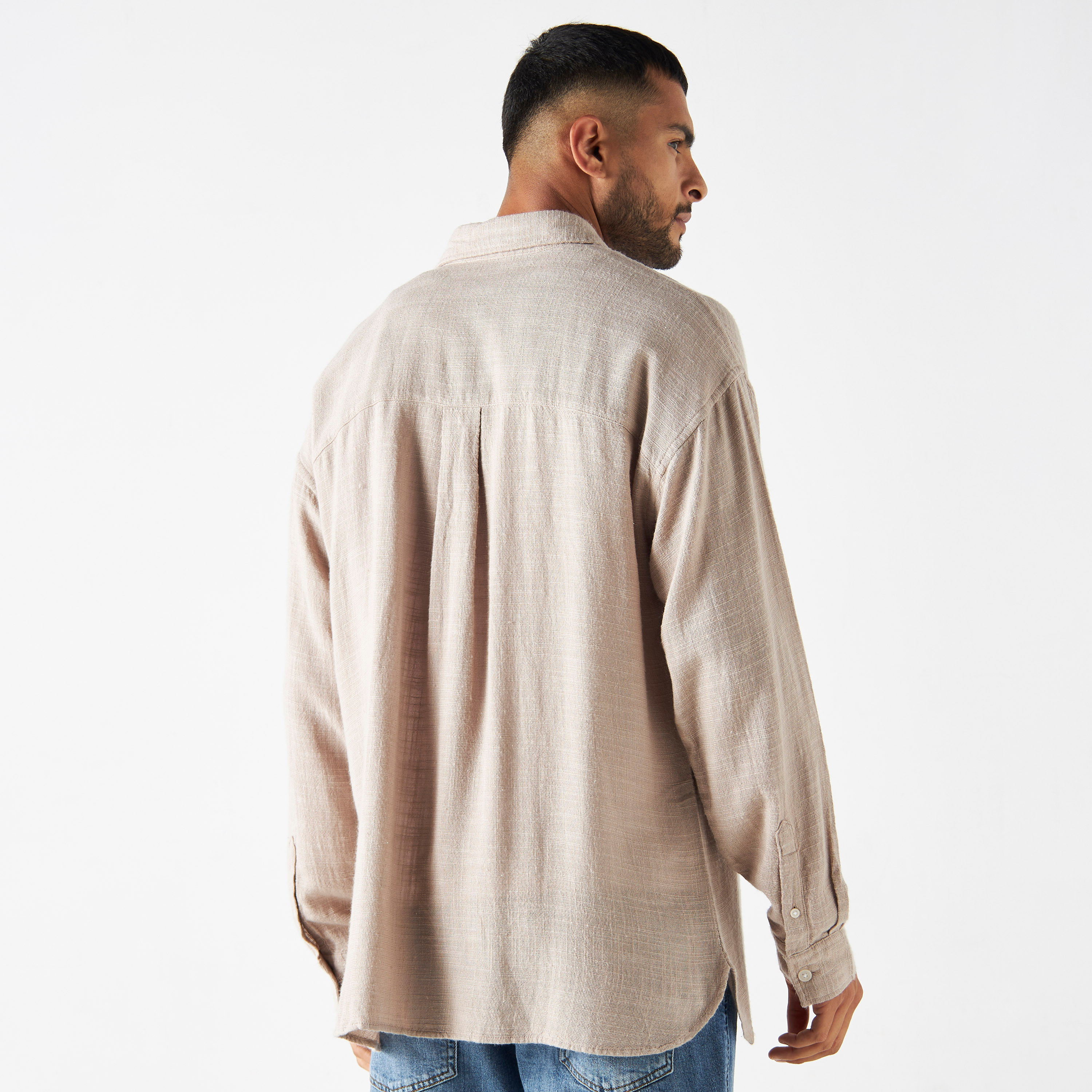 Jack & Jones Textured Spread Collar Long Sleeves Oversized Slub Shirt-men-clothing-shirts-image-3
