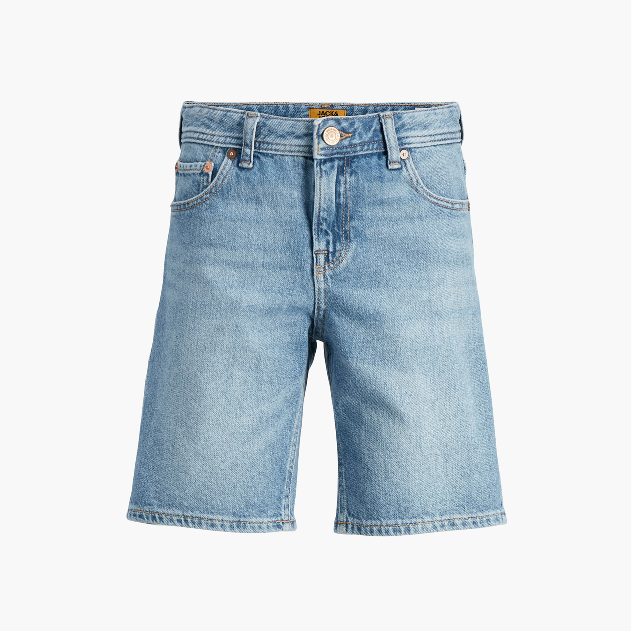 Jack & Jones Junior Solid Denim Shorts with Pockets and Button Closure-boys-clothing-bottoms-shorts-image-1