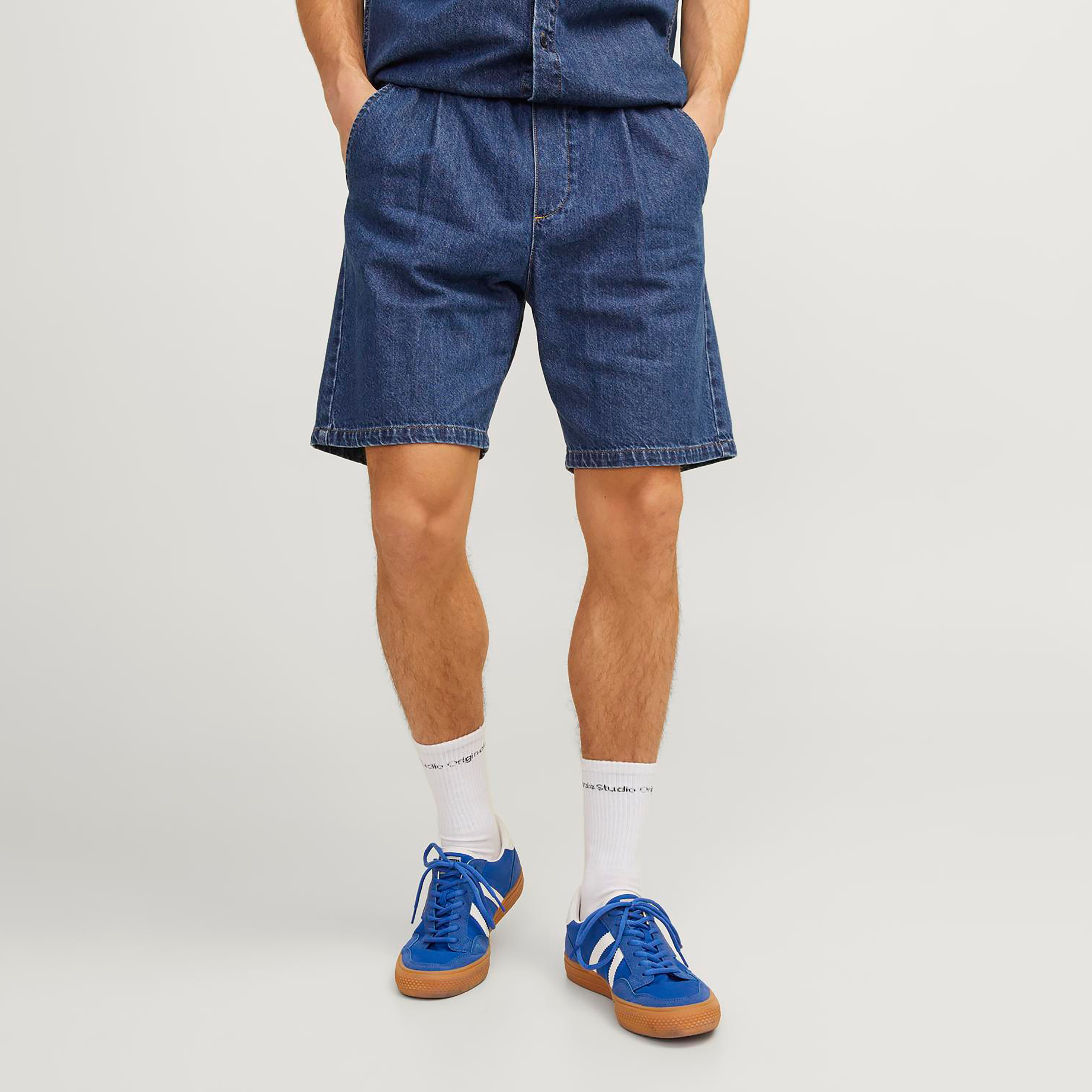 Jack & Jones Plain High Rise Drawstring Waistband Pleated Denim Shorts-men-clothing-bottoms-shorts-image-1