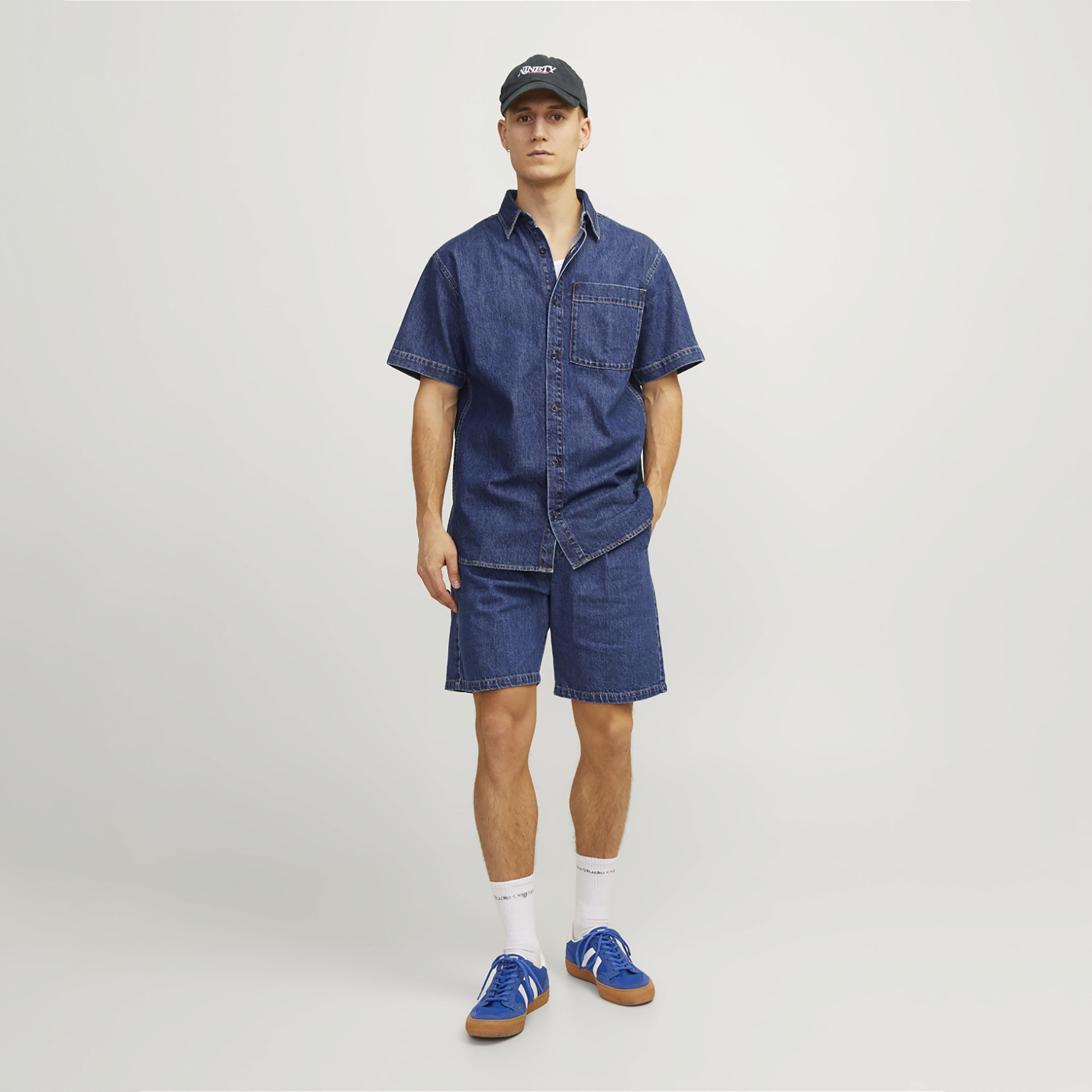 Jack & Jones Plain High Rise Drawstring Waistband Pleated Denim Shorts-men-clothing-bottoms-shorts-image-2