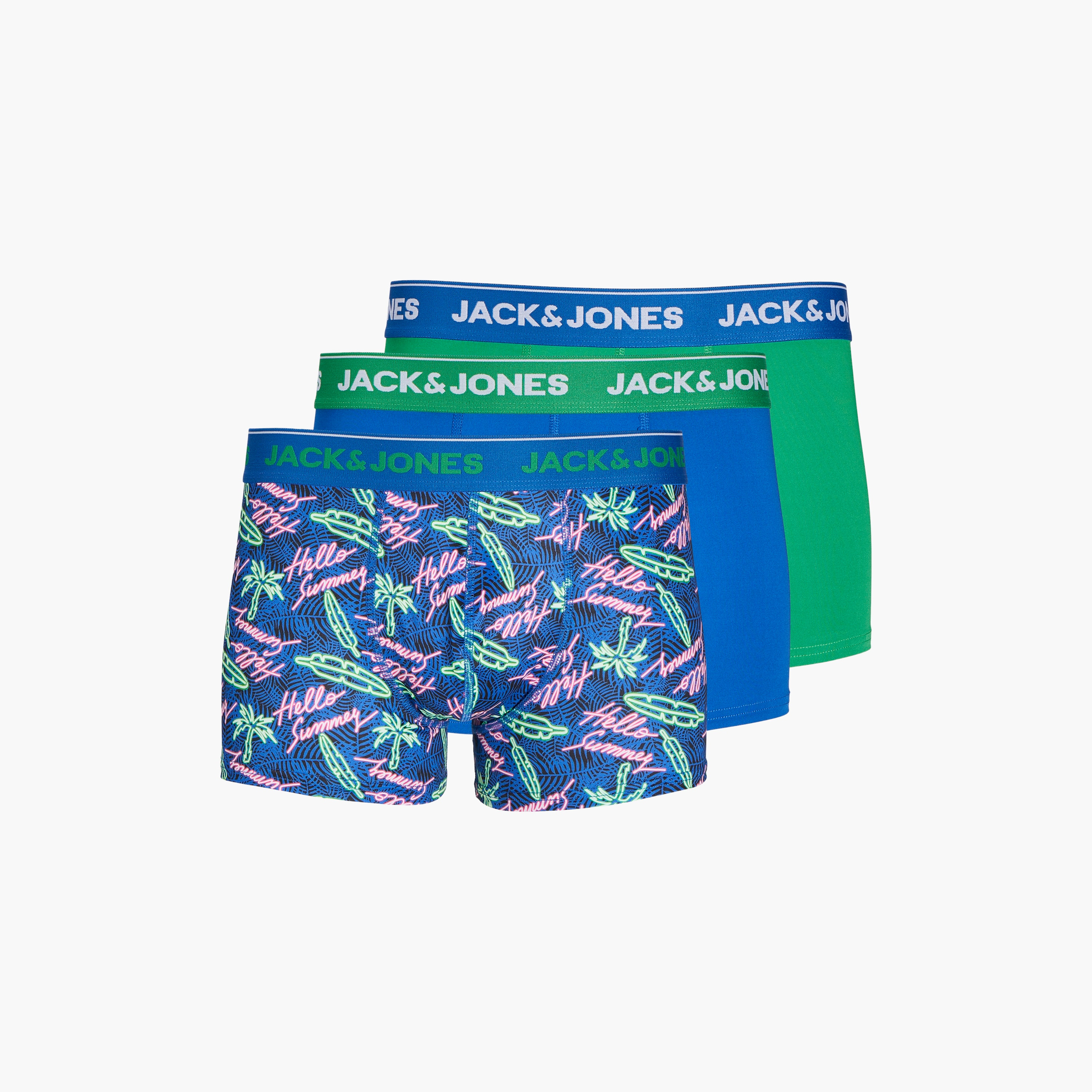 Jack & Jones Pack of 3 Solid and Printed Trunks with Brand Print Waistband-men-clothing-innerwear-underwear-image-1