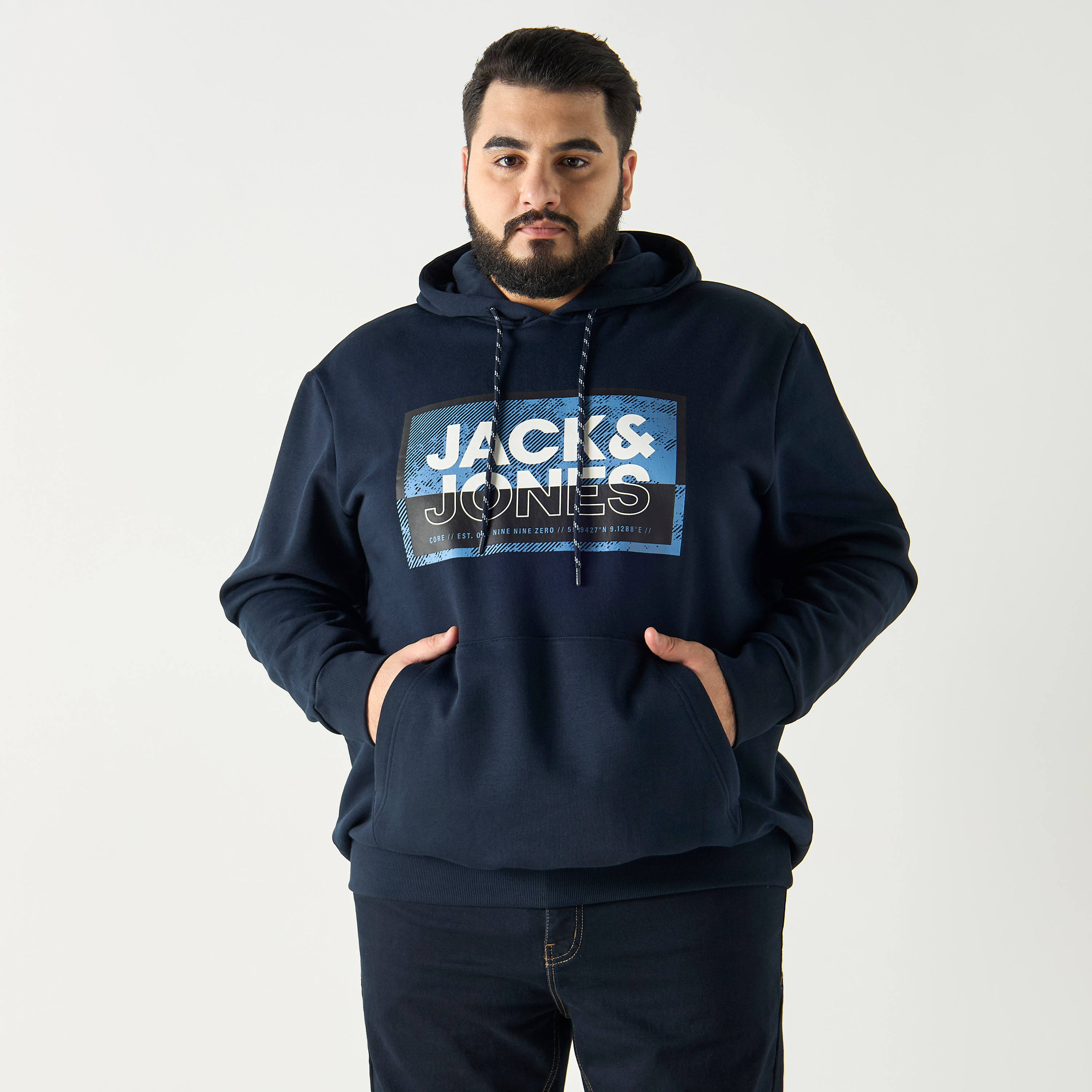 Jack & Jones Plus Size Logo Print Hoodie with Kangaroo Pocket-men-winterwear-hoodiesandsweatshirts-image-1