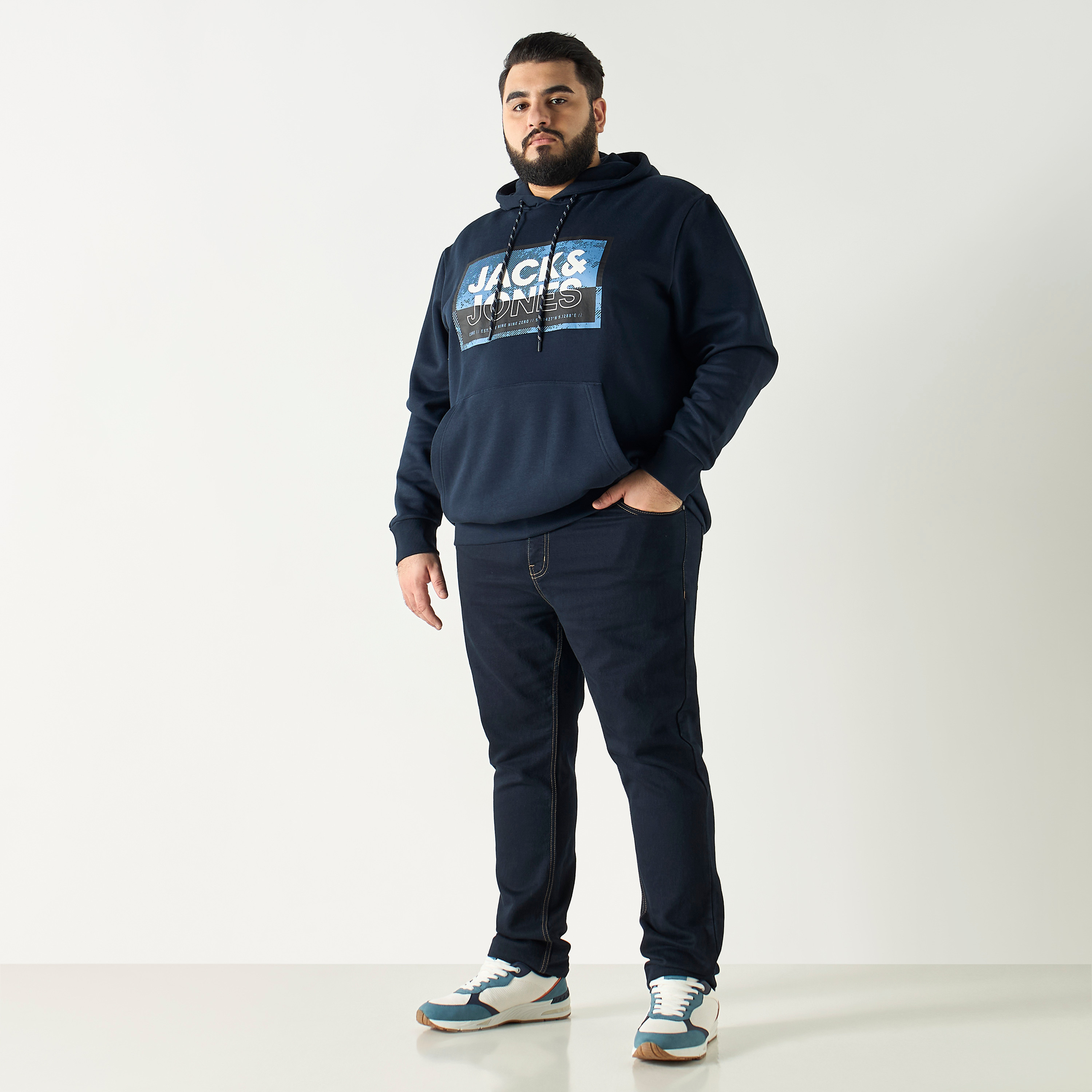 Jack & Jones Plus Size Logo Print Hoodie with Kangaroo Pocket-men-winterwear-hoodiesandsweatshirts-image-2