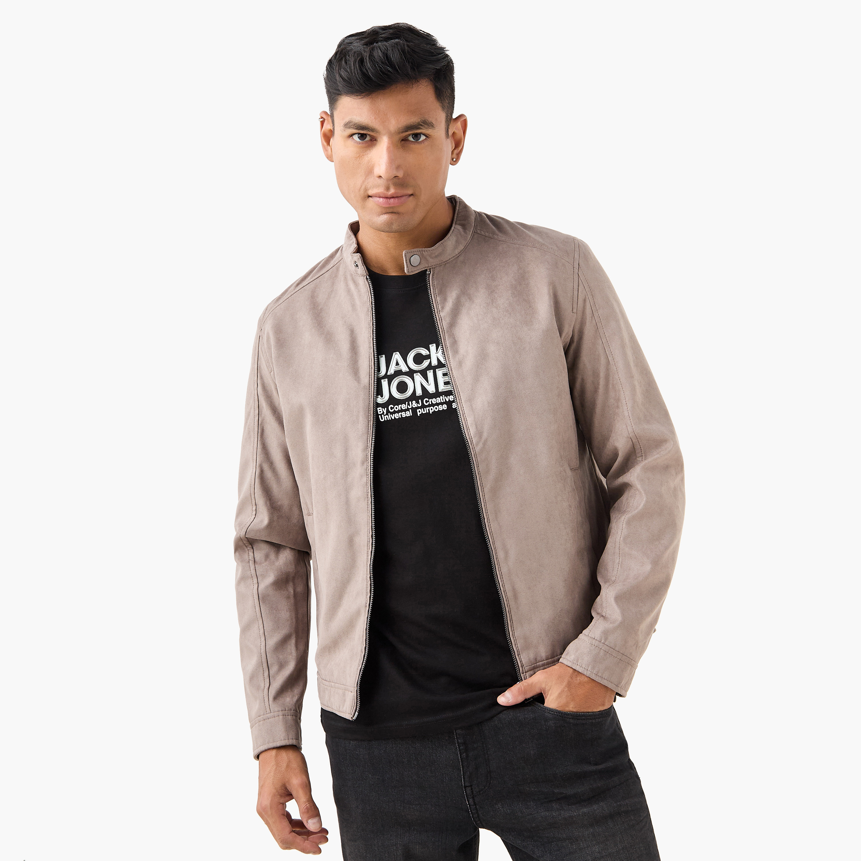 سترة راكبي الدراجات النارية سادة من جلد الغزال بأكمام طويلة وياقة للرجال من جاك اند جونز-men-clothing-jacketsandblazers-jackets-image-6