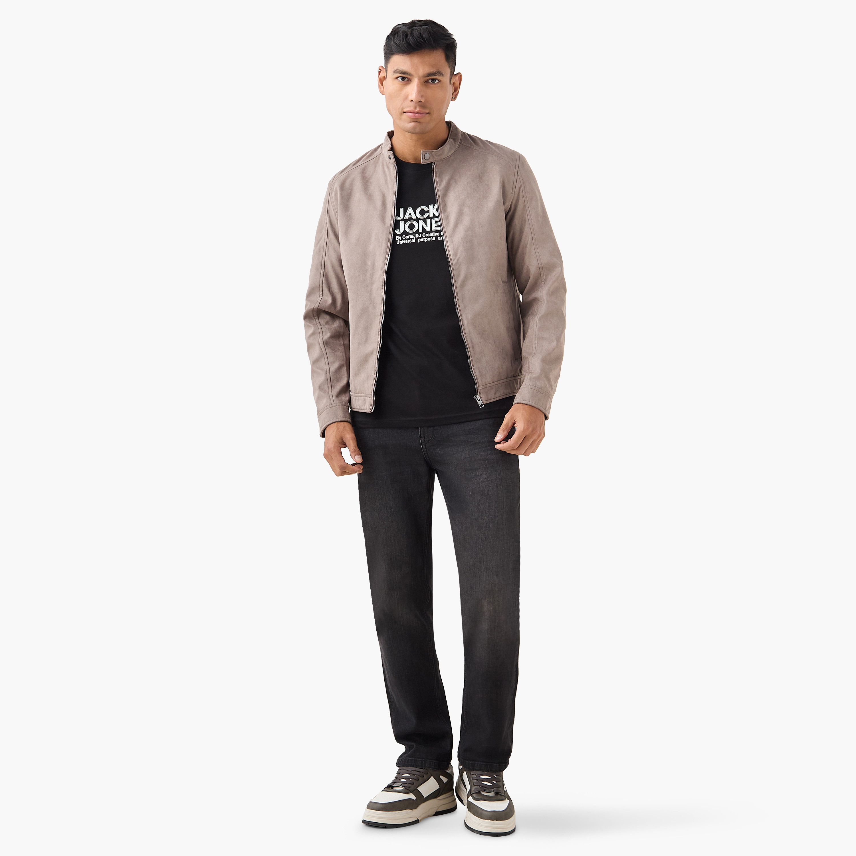 سترة راكبي الدراجات النارية سادة من جلد الغزال بأكمام طويلة وياقة للرجال من جاك اند جونز-men-clothing-jacketsandblazers-jackets-image-7