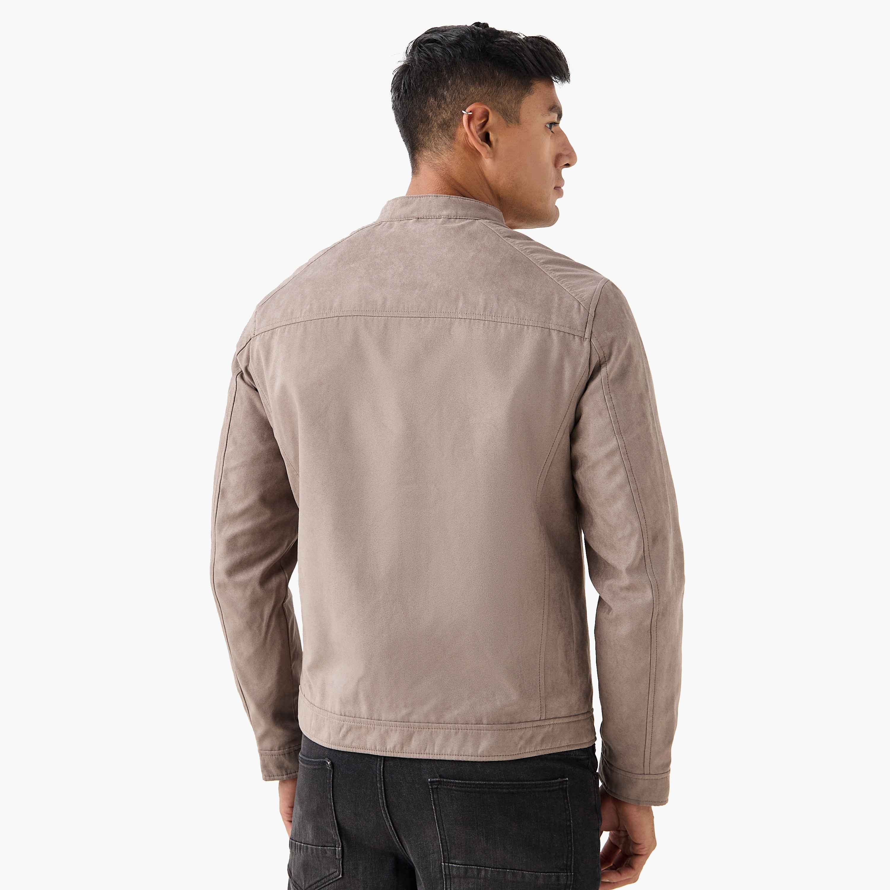 سترة راكبي الدراجات النارية سادة من جلد الغزال بأكمام طويلة وياقة للرجال من جاك اند جونز-men-clothing-jacketsandblazers-jackets-image-8
