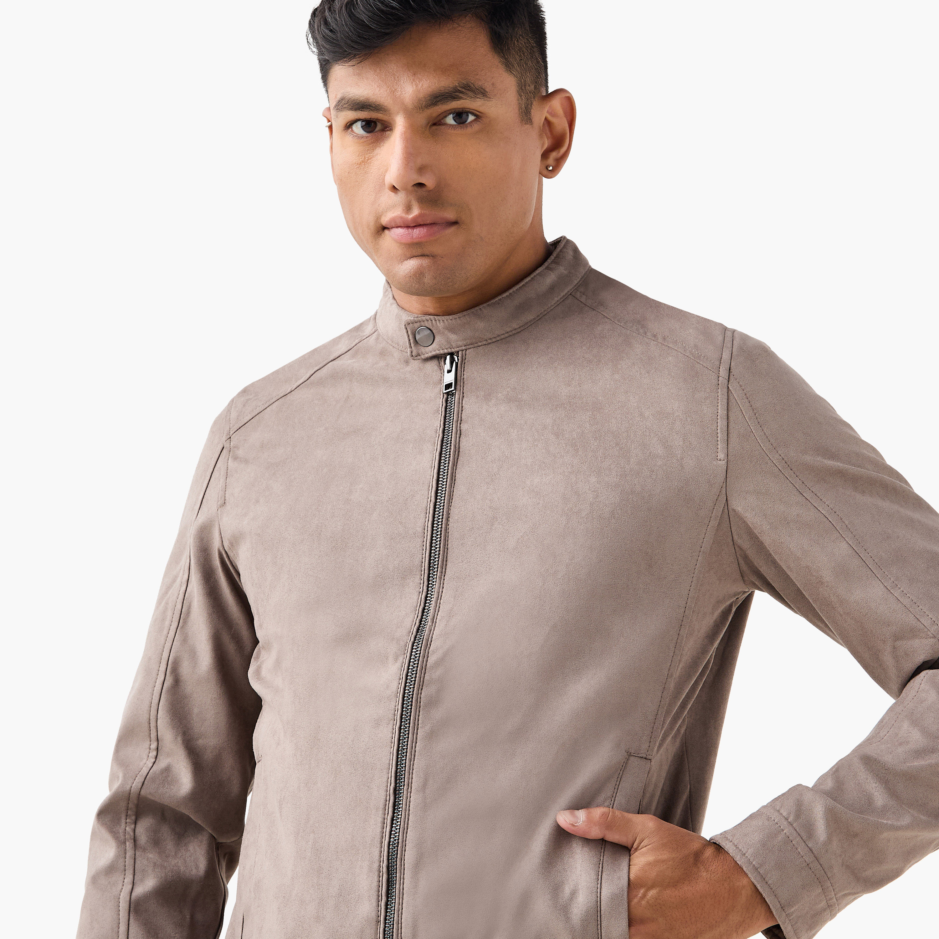 سترة راكبي الدراجات النارية سادة من جلد الغزال بأكمام طويلة وياقة للرجال من جاك اند جونز-men-clothing-jacketsandblazers-jackets-image-9