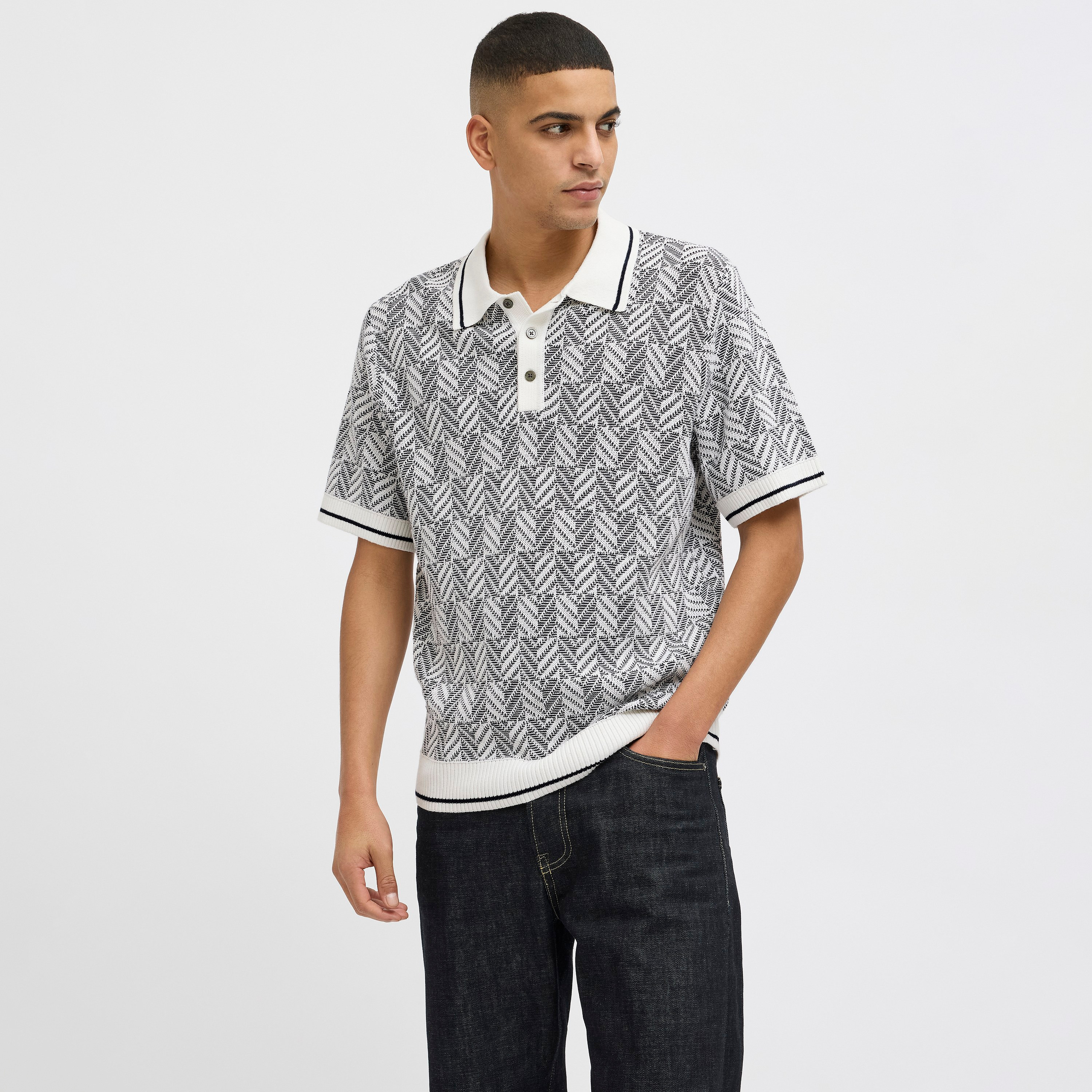 Jack & Jones Structure Knit Contrast Collar Short Sleeves Men's Polo T-Shirt-men-clothing-tshirtsandpolos-polos-image-1