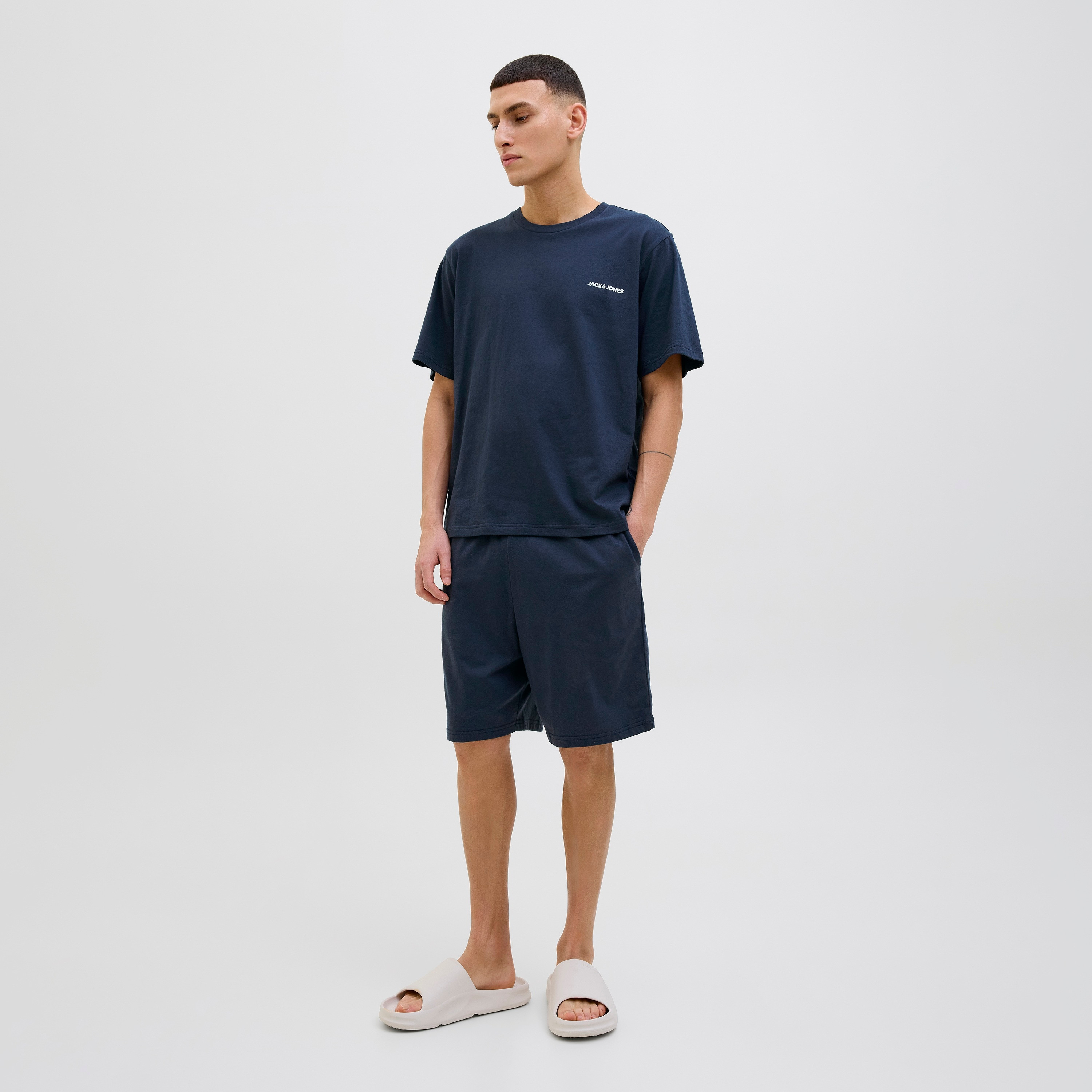 Jack & Jones Plain Round Neck Short Sleeves Men's T-Shirt & Shorts Set-men-clothing-nightwear-sets-image-1