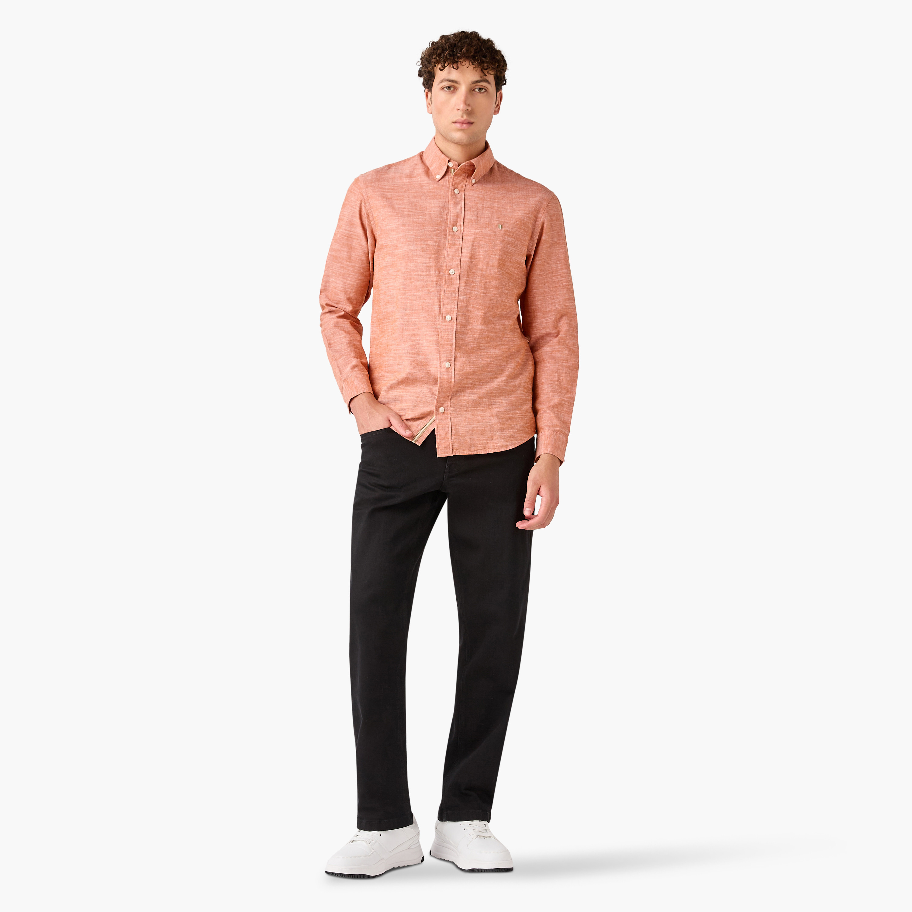 Jack & Jones Regular Fit Plain Button-Down Collar Long Sleeves Men's Shirt-men-clothing-shirts-image-2