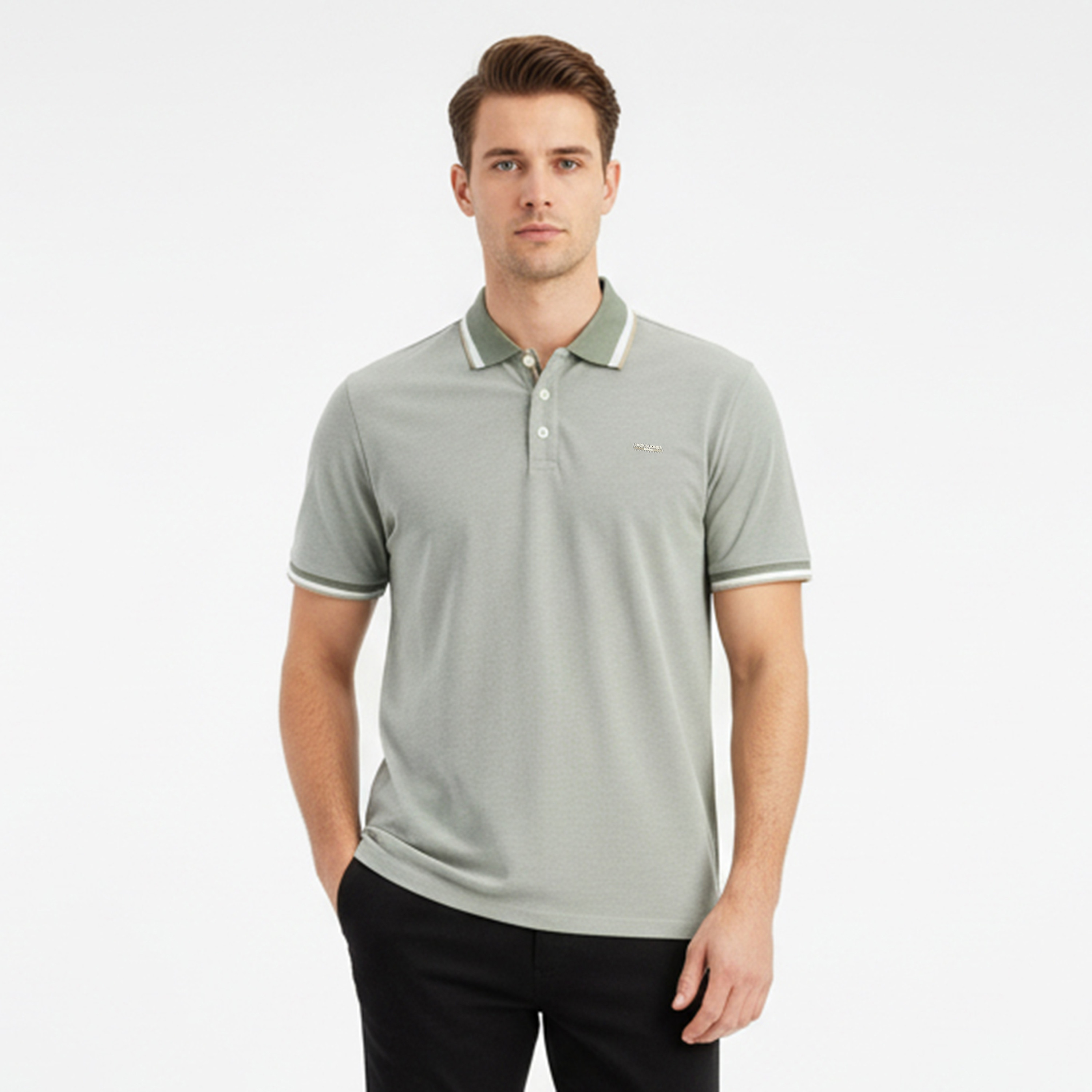 تي شيرت بولو رجالي سادة بياقة وأكمام قصيرة من جاك اند جونز-men-clothing-tshirtsandpolos-polos-image-1