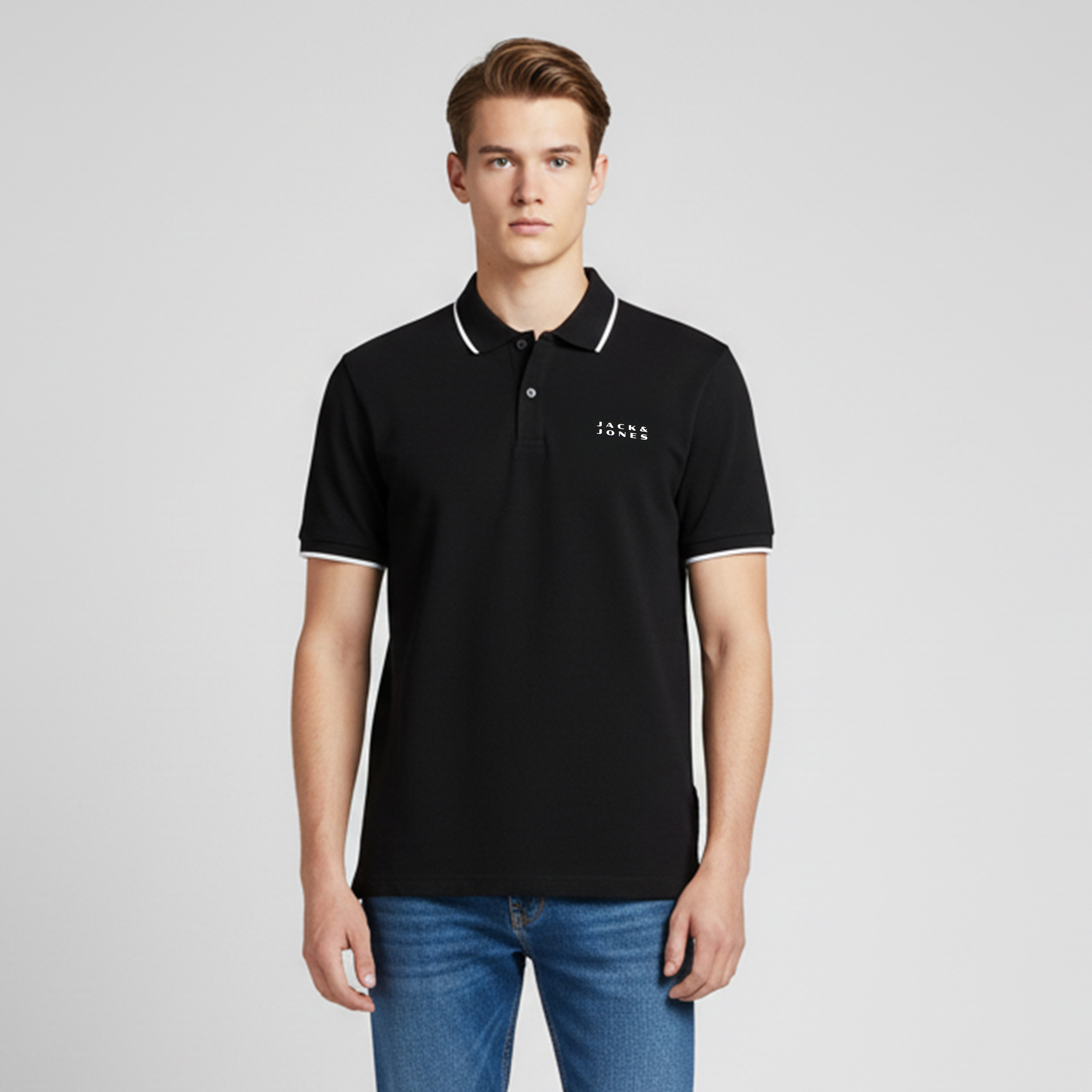 تي شيرت بولو رجالي سادة بياقة وأكمام قصيرة من جاك اند جونز-men-clothing-tshirtsandpolos-polos-image-1