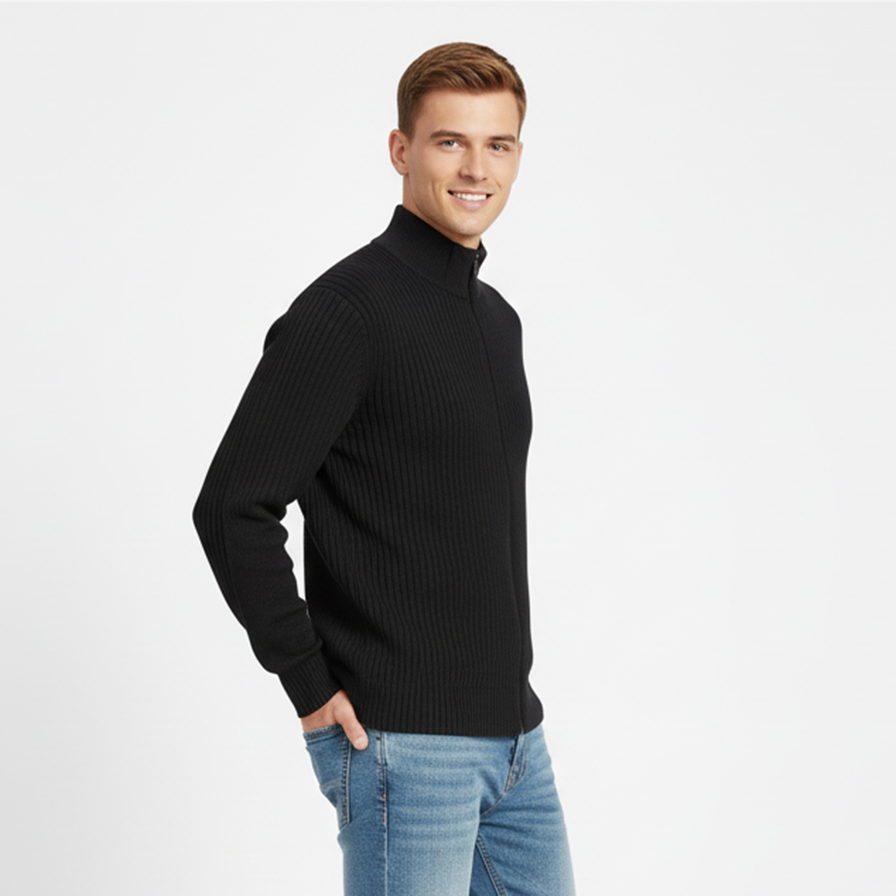 Jack & Jones Textured High Neck Long Sleeves Zip Up Men's Cardigan-men-clothing-sweatersandpullovers-image-3