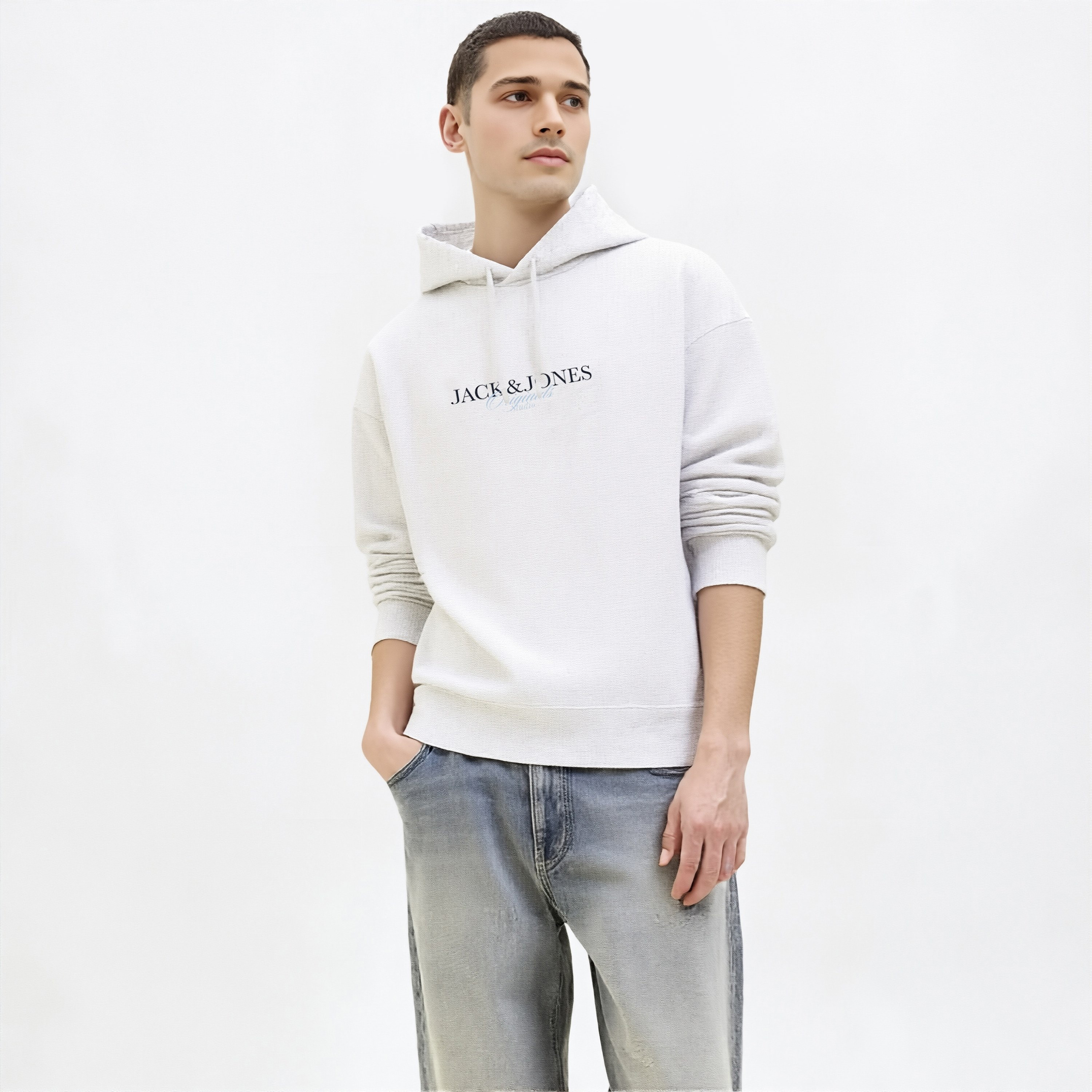 كنزة صوفية رجالية بلون هيذر بقلنسوة وأكمام طويلة من جاك ان جونز-men-winterwear-hoodiesandsweatshirts-image-1
