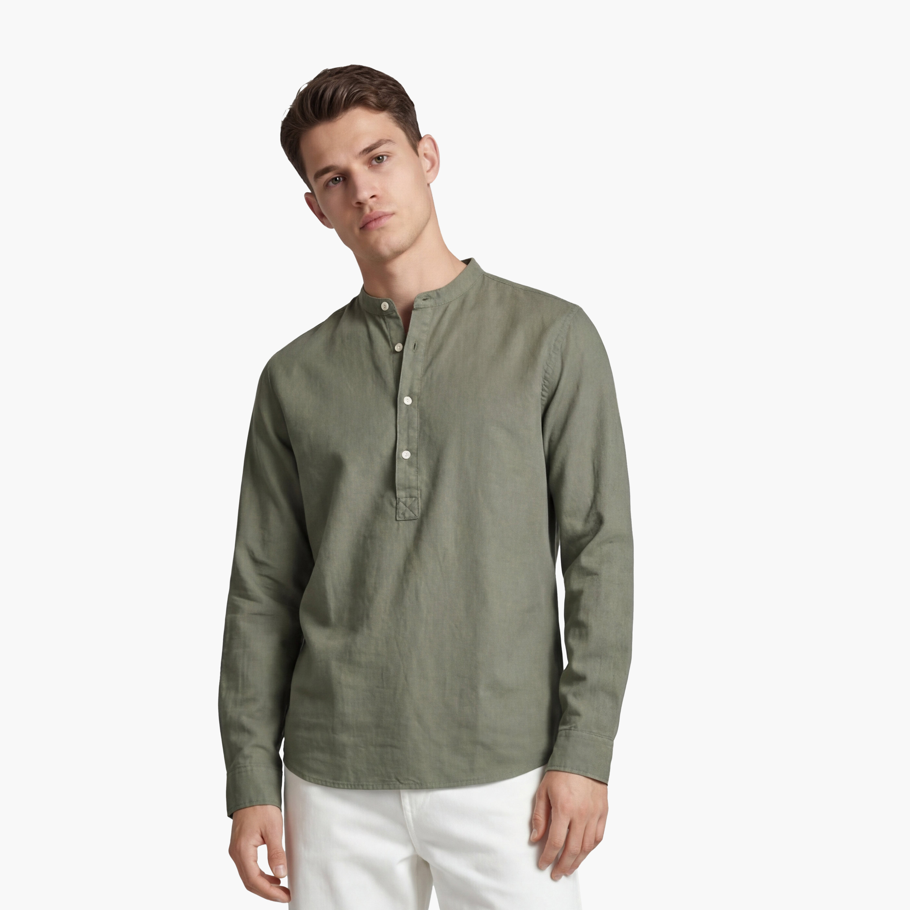 قميص رجالي سادة بقصة ريجلار فيت وأكمام طويلة وياقة صينية "باند كولار" من جاك آند جونز-men-clothing-shirts-image-6