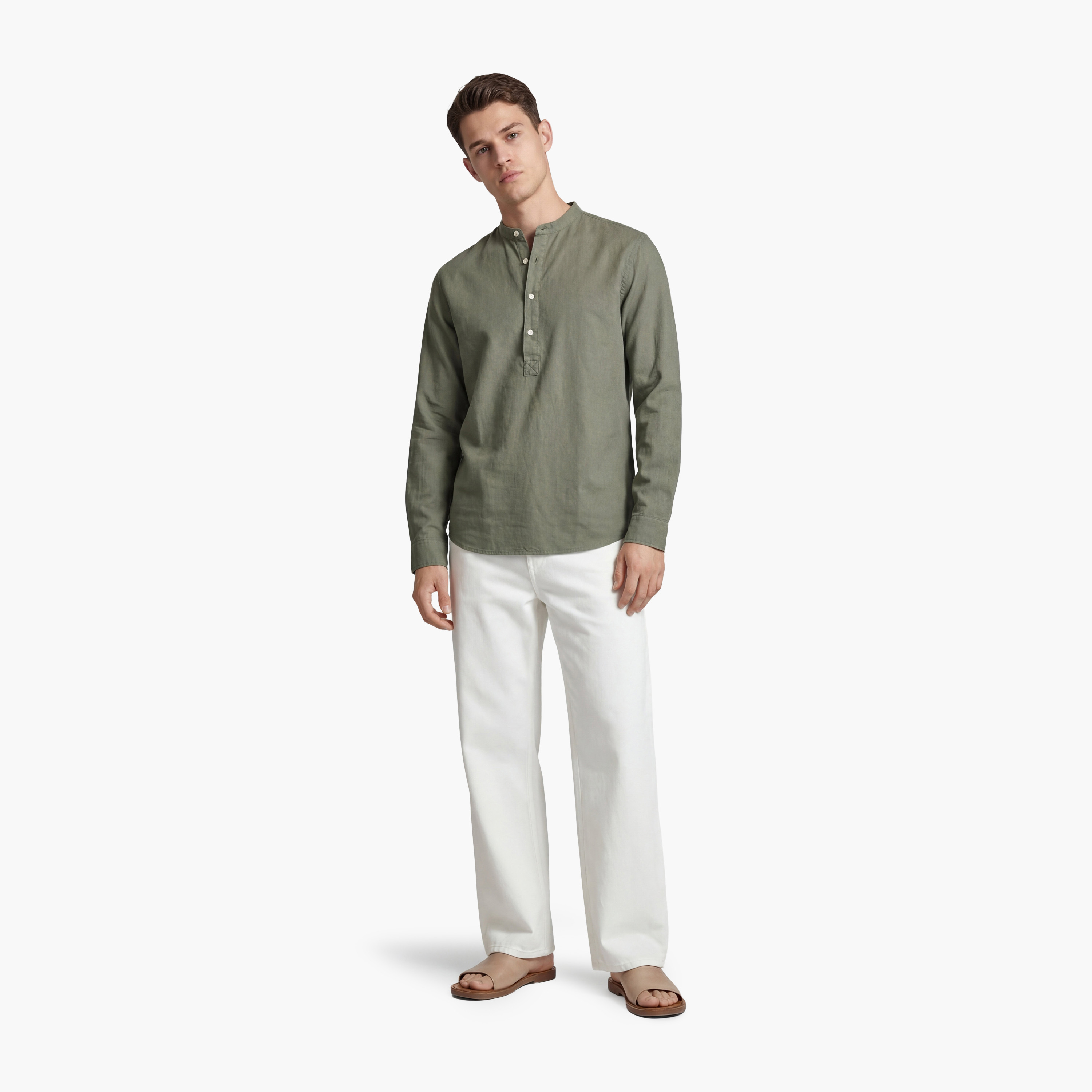 قميص رجالي سادة بقصة ريجلار فيت وأكمام طويلة وياقة صينية "باند كولار" من جاك آند جونز-men-clothing-shirts-image-7