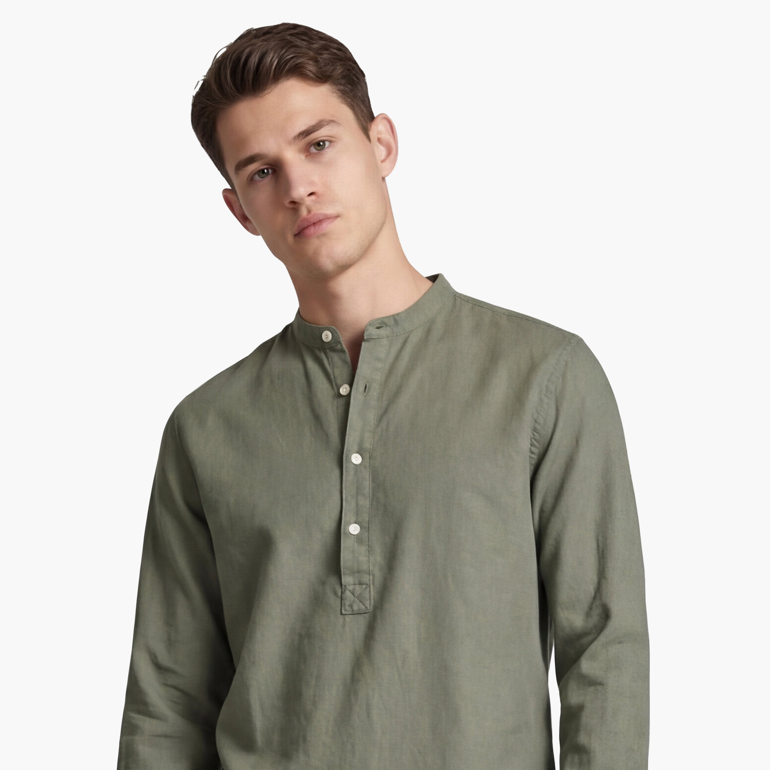 قميص رجالي سادة بقصة ريجلار فيت وأكمام طويلة وياقة صينية "باند كولار" من جاك آند جونز-men-clothing-shirts-image-10