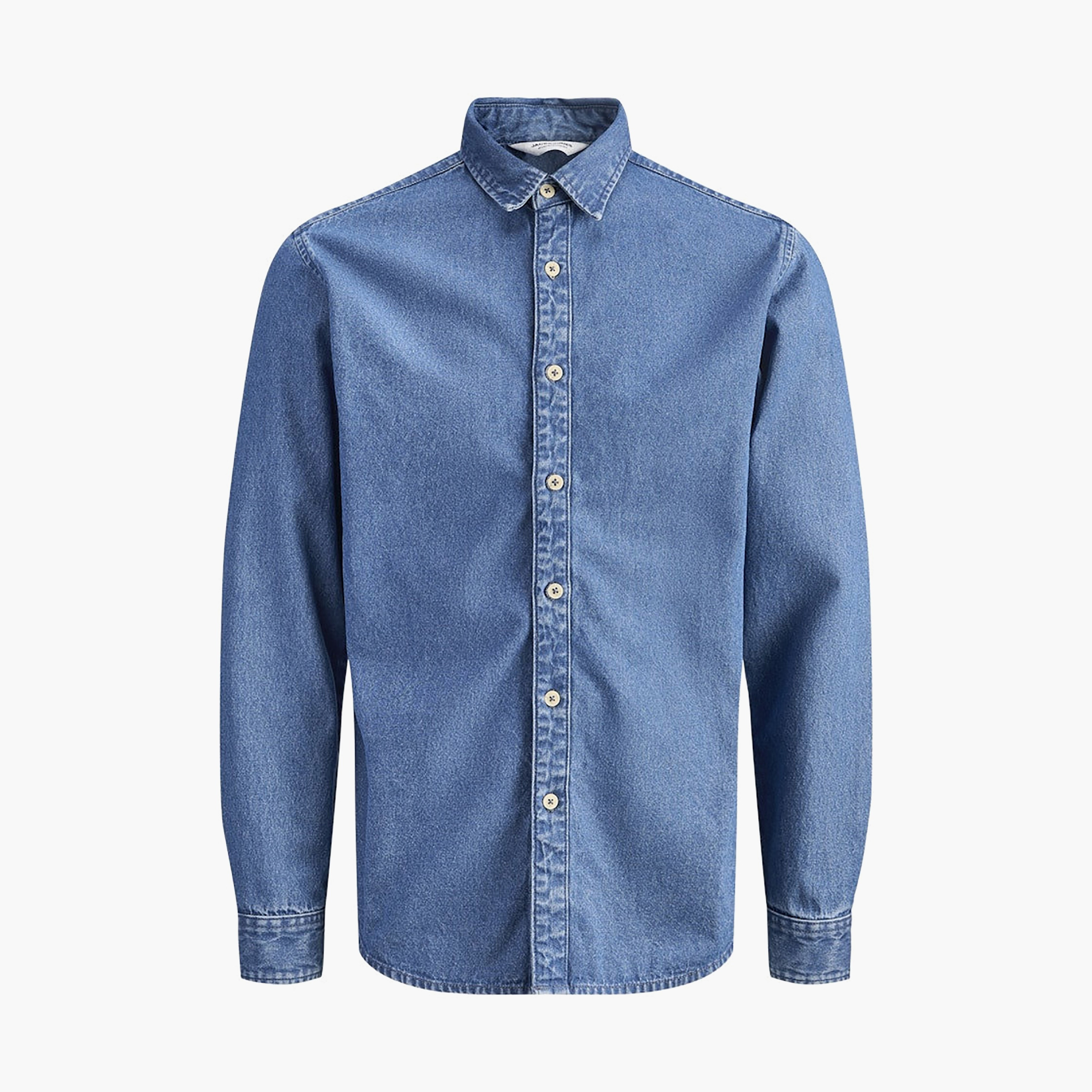 قميص جينز رجالي مغسول بقصّة ضيقة وياقة وأكمام طويلة من جاك آند جونز-men-clothing-shirts-image-14