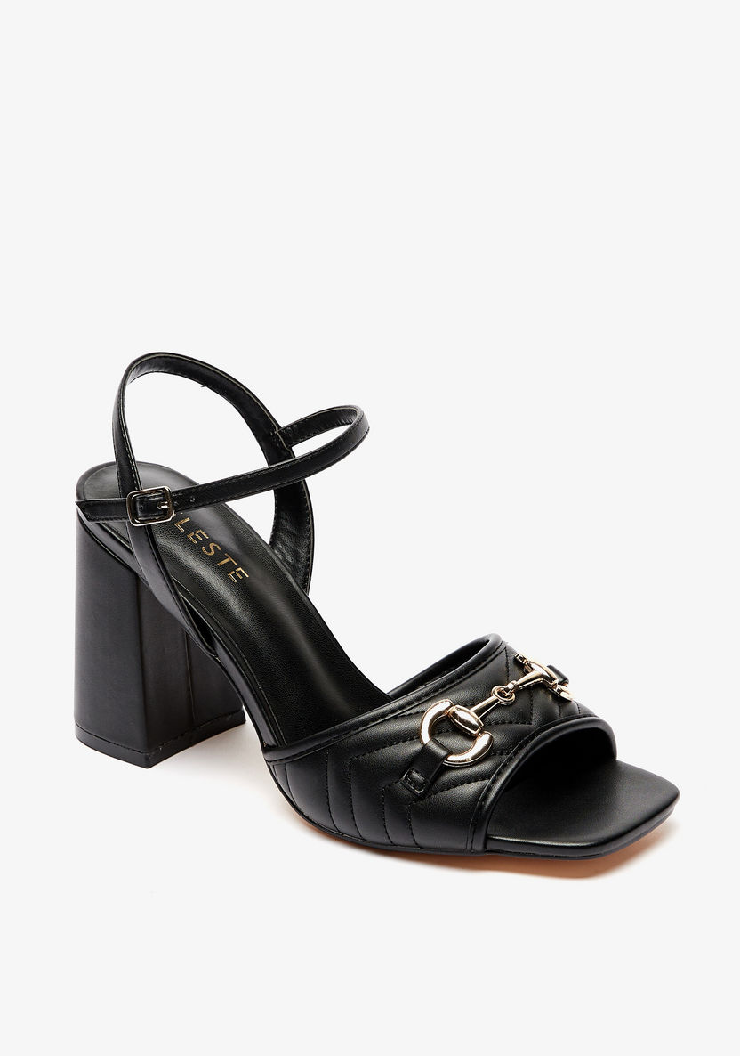 Celeste Women's Quilted Metal Accent Sandals with Block Heels and Buckle Closure-Women%27s Heel Sandals-image-0