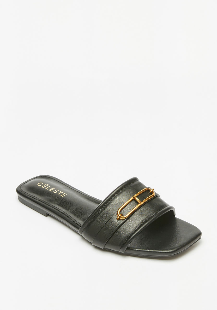 Celeste Women's Solid Slide Sandals with Metal Trim-Women%27s Flat Sandals-image-0