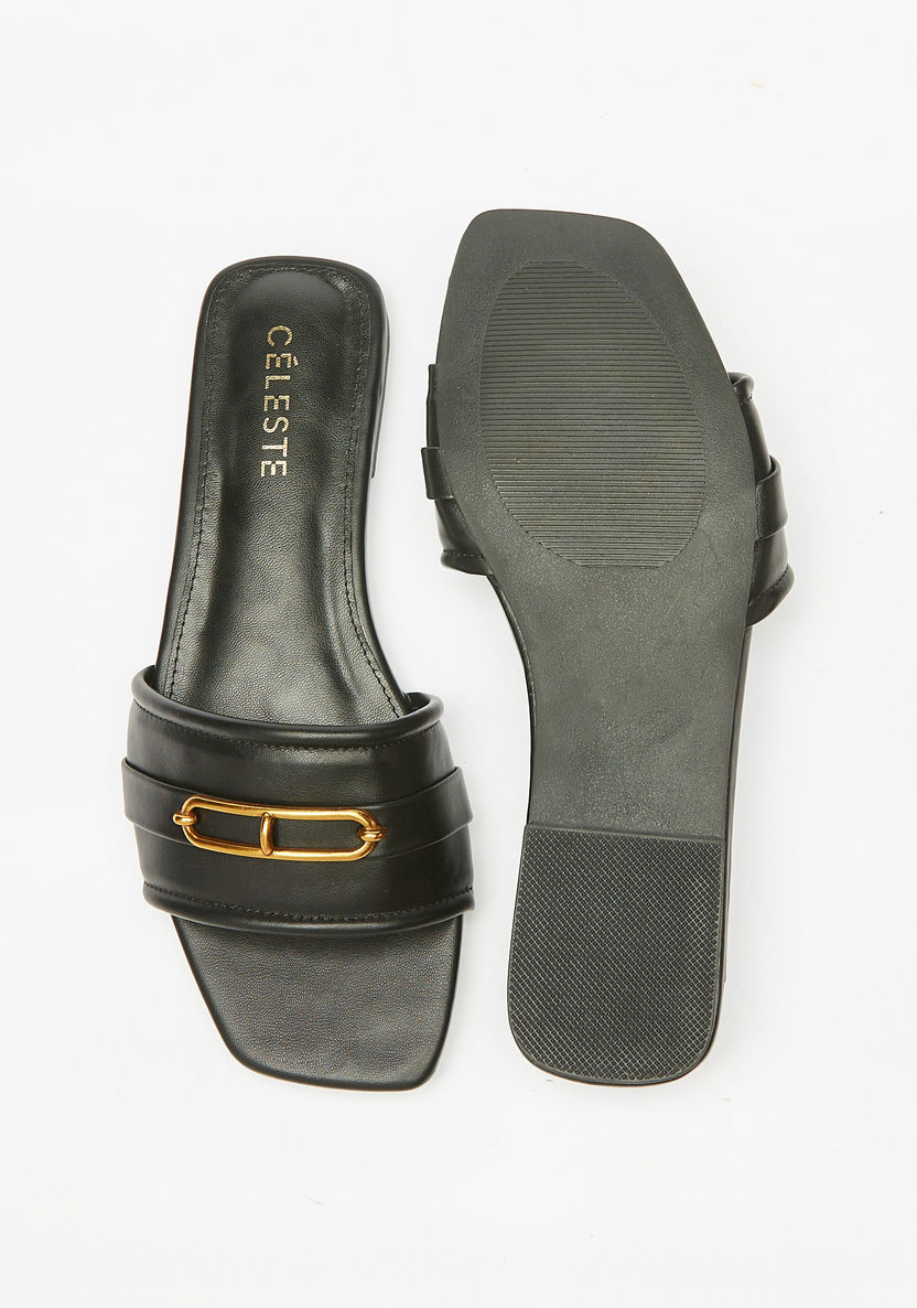 Celeste Women's Solid Slide Sandals with Metal Trim-Women%27s Flat Sandals-image-3