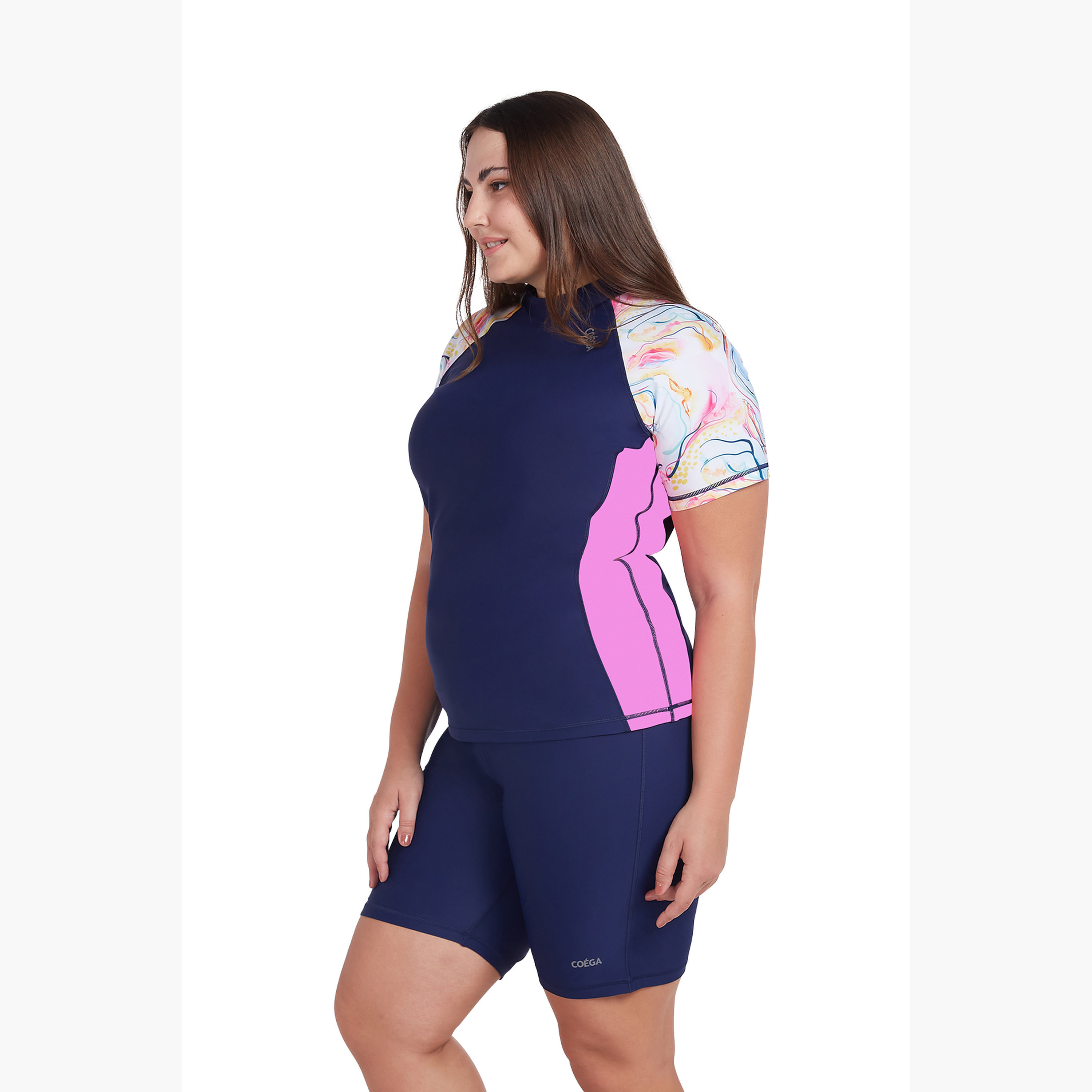 Coega Women's Short Sleeve Rashguard - Blue Pink Marble-sports-women-clothing-swimwear-image-3