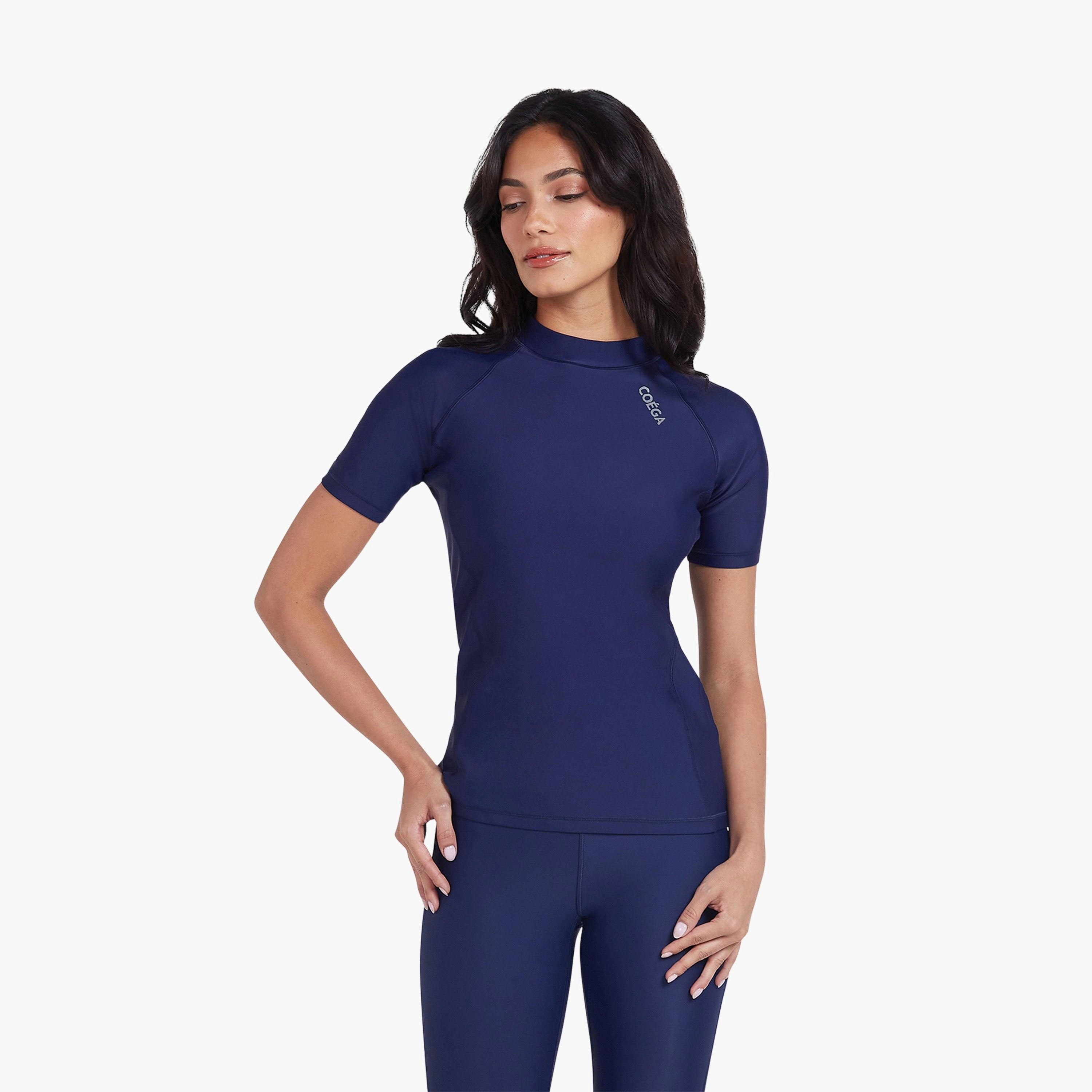 كويغا - قميص سباحة نسائي قصير الأكمام للحماية من الشمس - لون كحلي سادة-women-clothing-swimandbeach-swimsuits-image-1