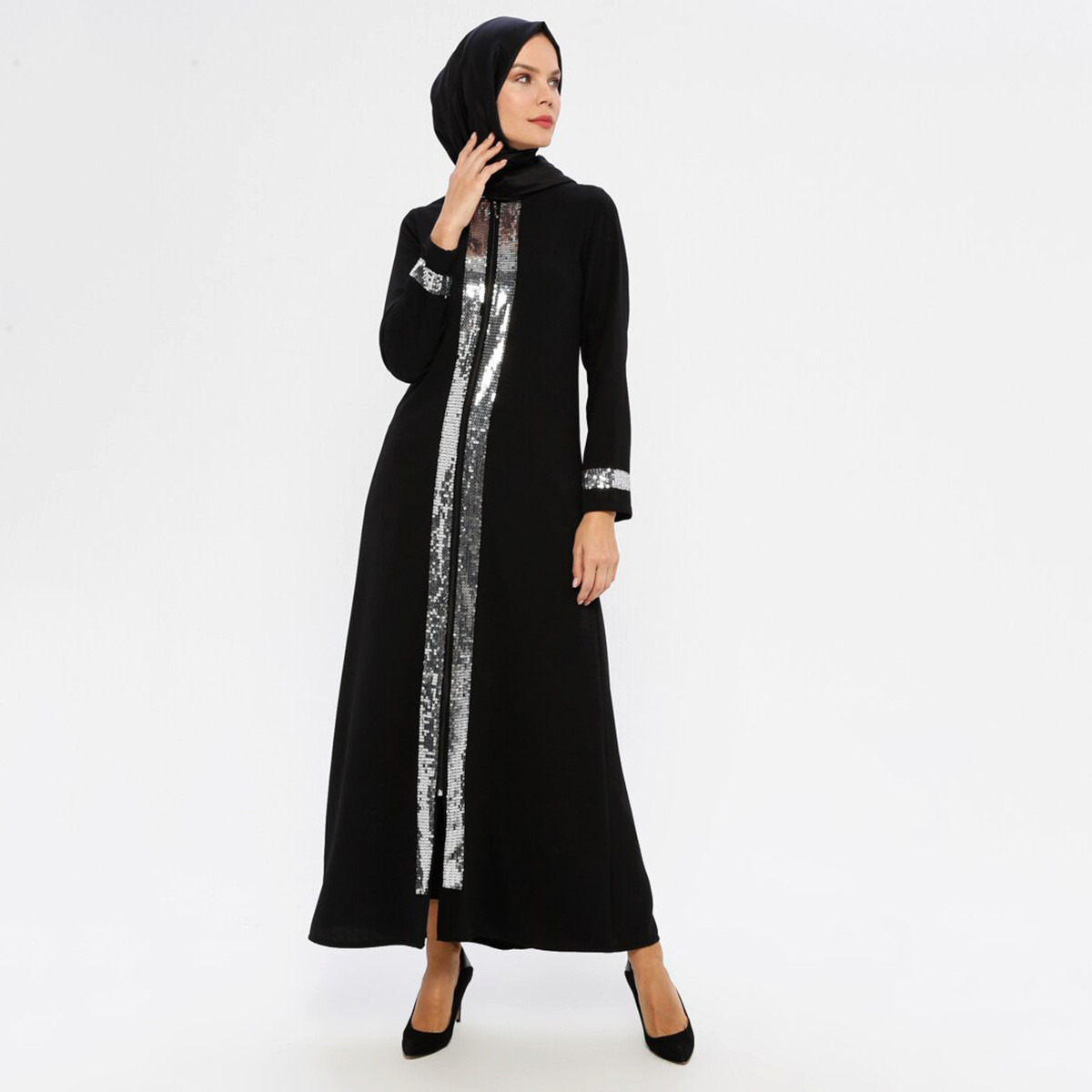 Women Sequins Front Zipper Abaya Filizzade By Modanisa-women-arabicclothing-abayas-image-1
