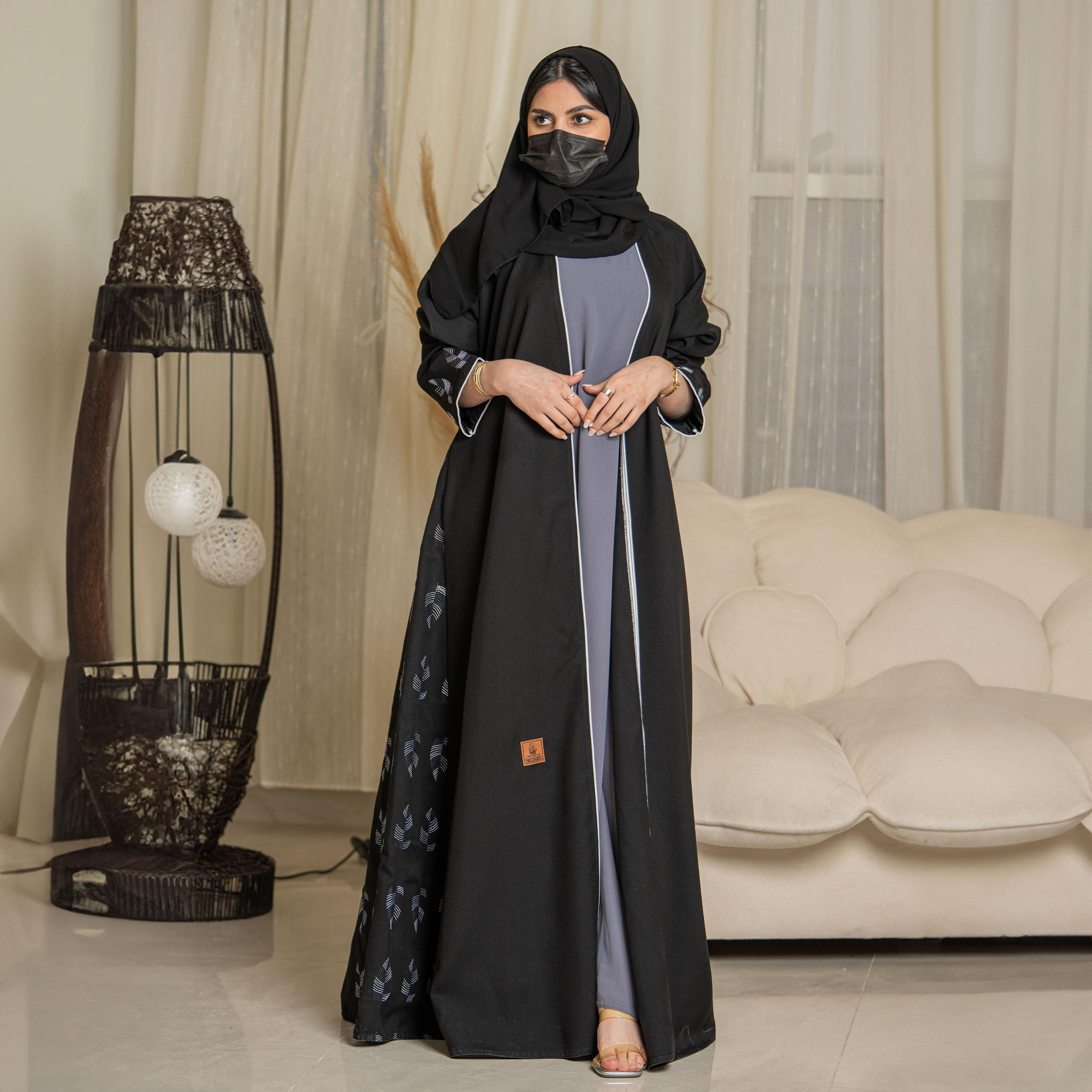 Zahiyh Spike Embroidered Open Front Abaya with Hijab-women-arabicclothing-abayas-image-1