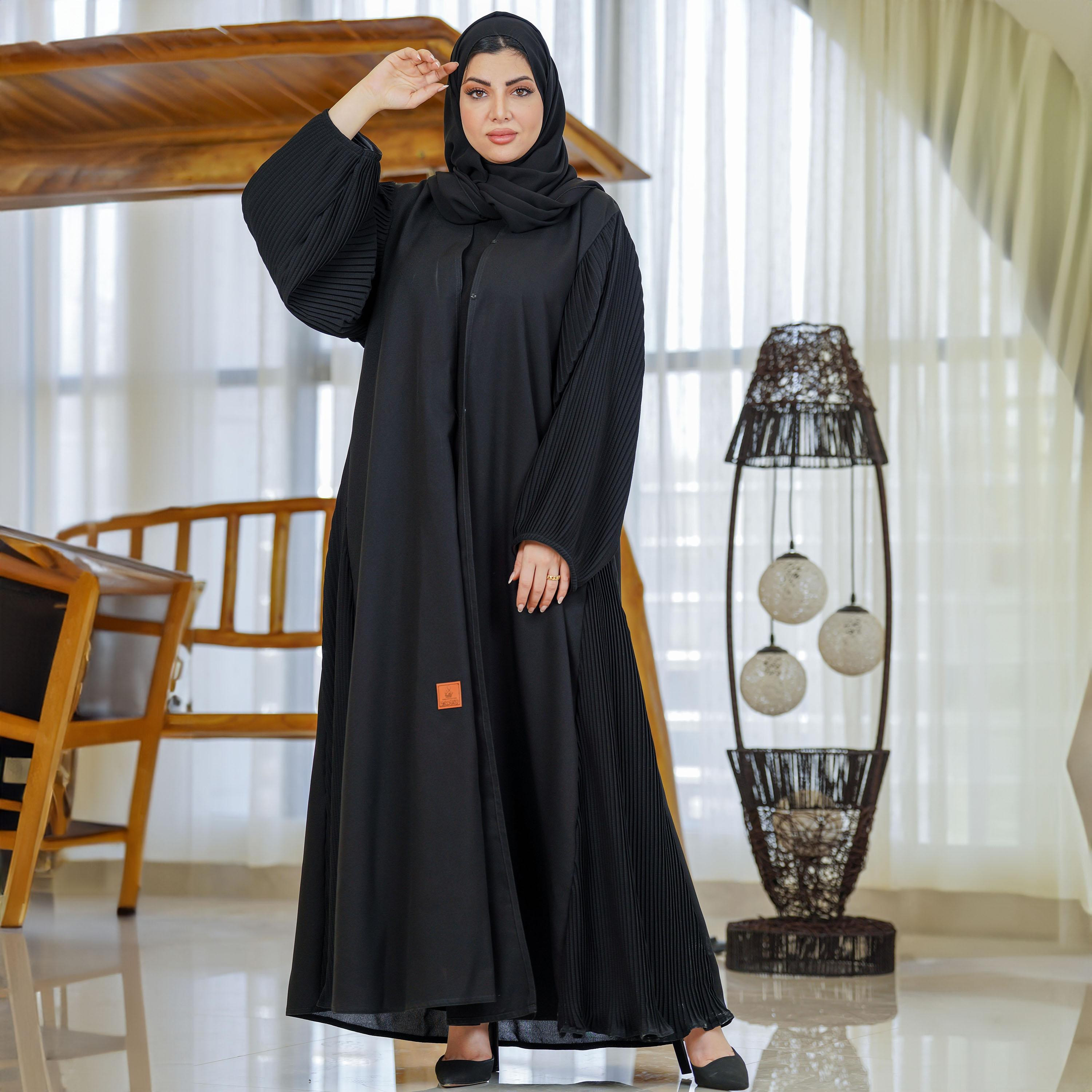 Zahiyh Pleated Open Front Abaya with Hijab-women-arabicclothing-abayas-image-1
