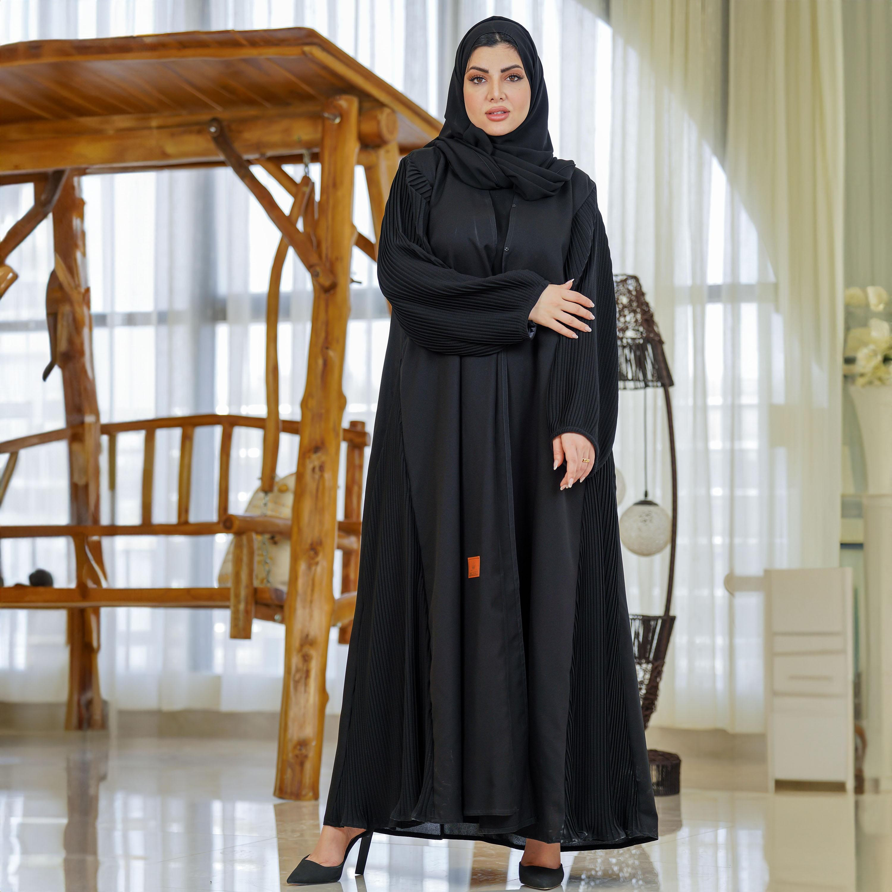 Zahiyh Pleated Open Front Abaya with Hijab-women-arabicclothing-abayas-image-3