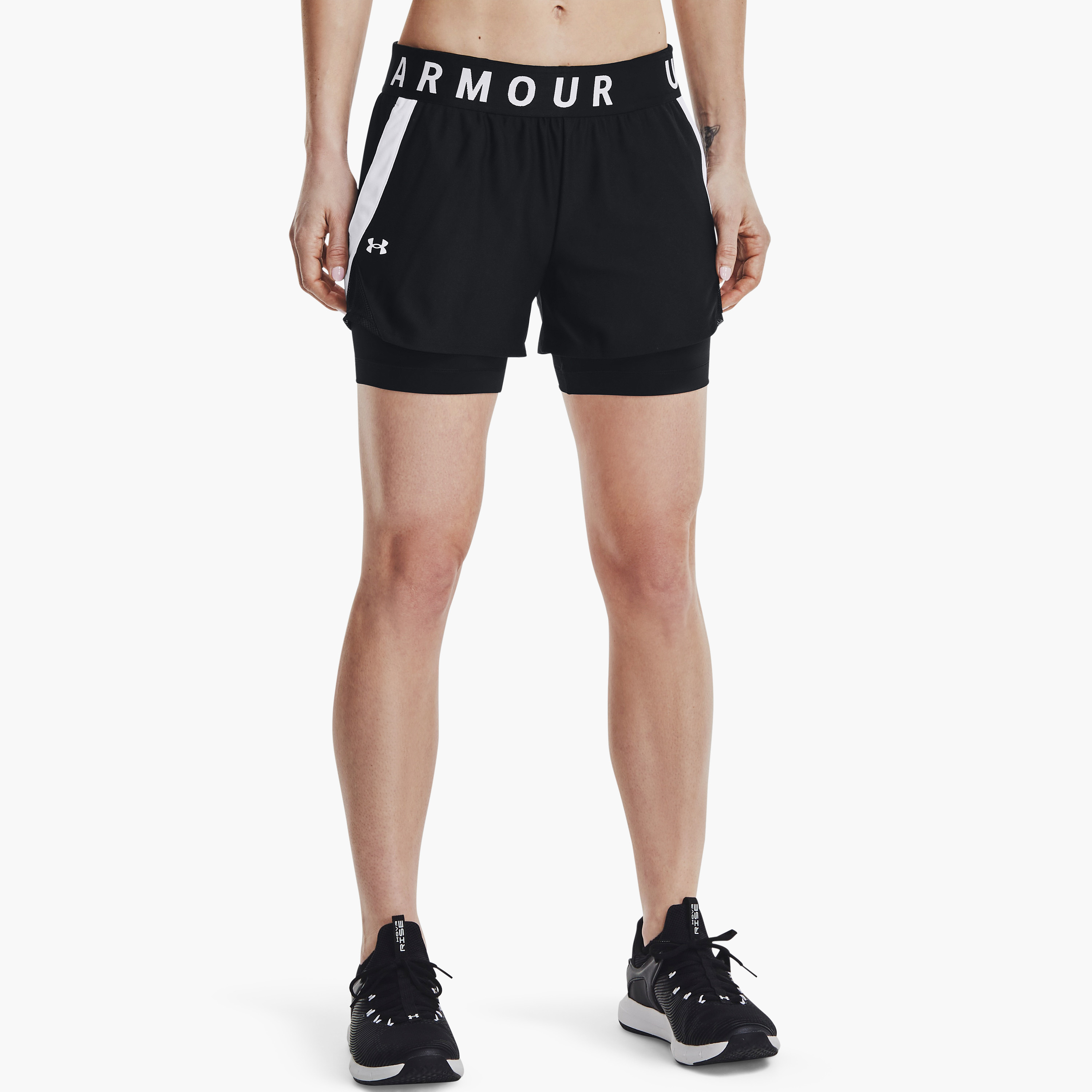 Under Armour Play Up Logo Mid-Rise Shorts | 1351981-sports-women-clothing-athleticskirtsandshorts-image-1