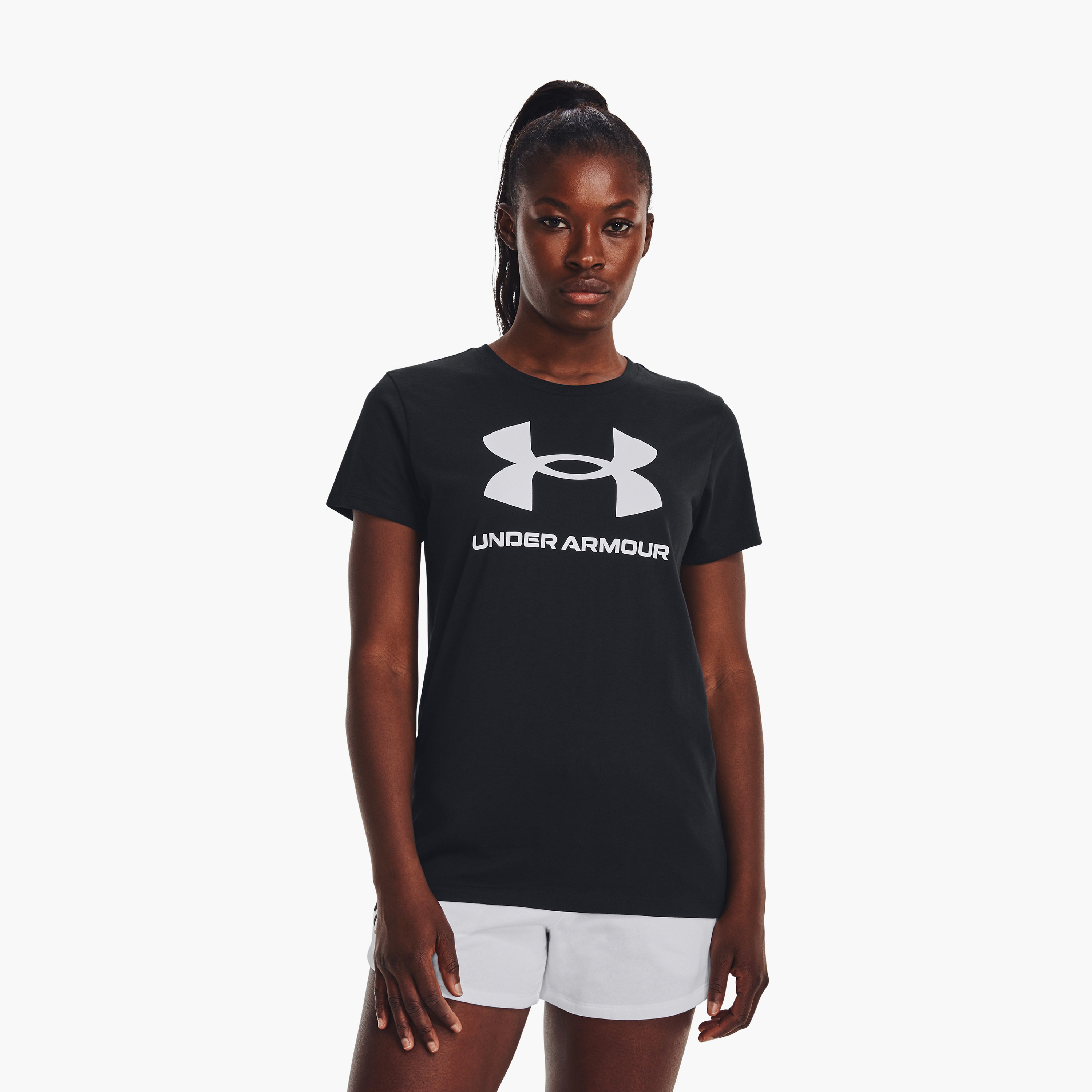 Under Armour W SPORTSTYLE LOGO SS Printed Crew Neck Short Sleeves T-Shirt | 1356305-sports-women-clothing-tshirtsandvests-image-2