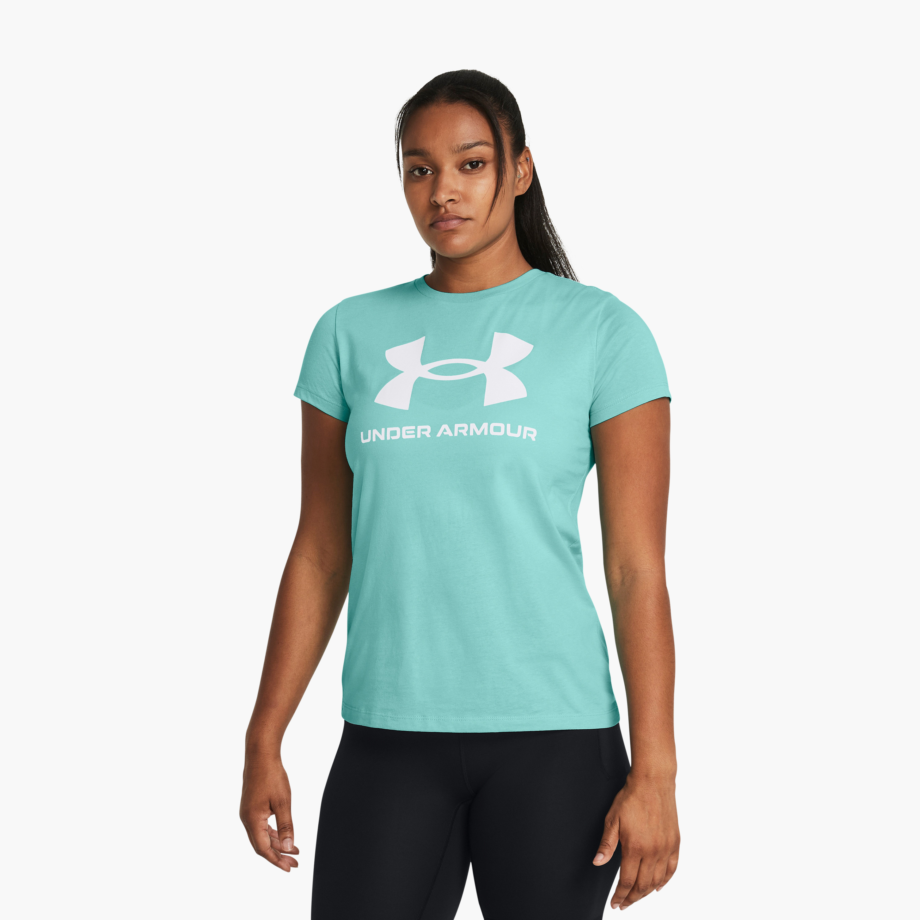 Under Armour W SPORTSTYLE LOGO SS Printed Crew Neck Short Sleeves T-Shirt | 1356305-sports-women-clothing-tshirtsandvests-image-1