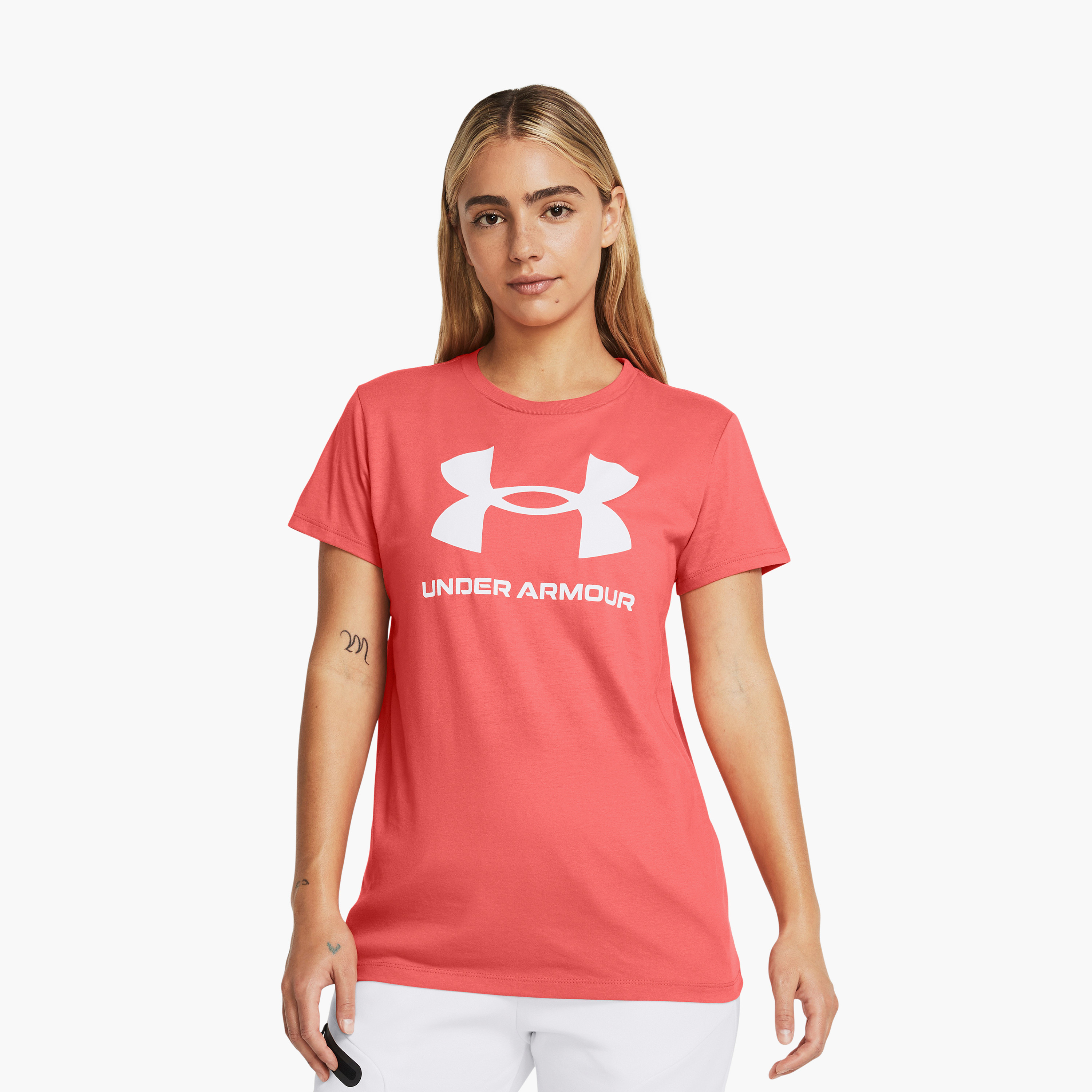Under Armour W SPORTSTYLE LOGO SS Printed Crew Neck Short Sleeves T-Shirt | 1356305-sports-women-clothing-tshirtsandvests-image-1