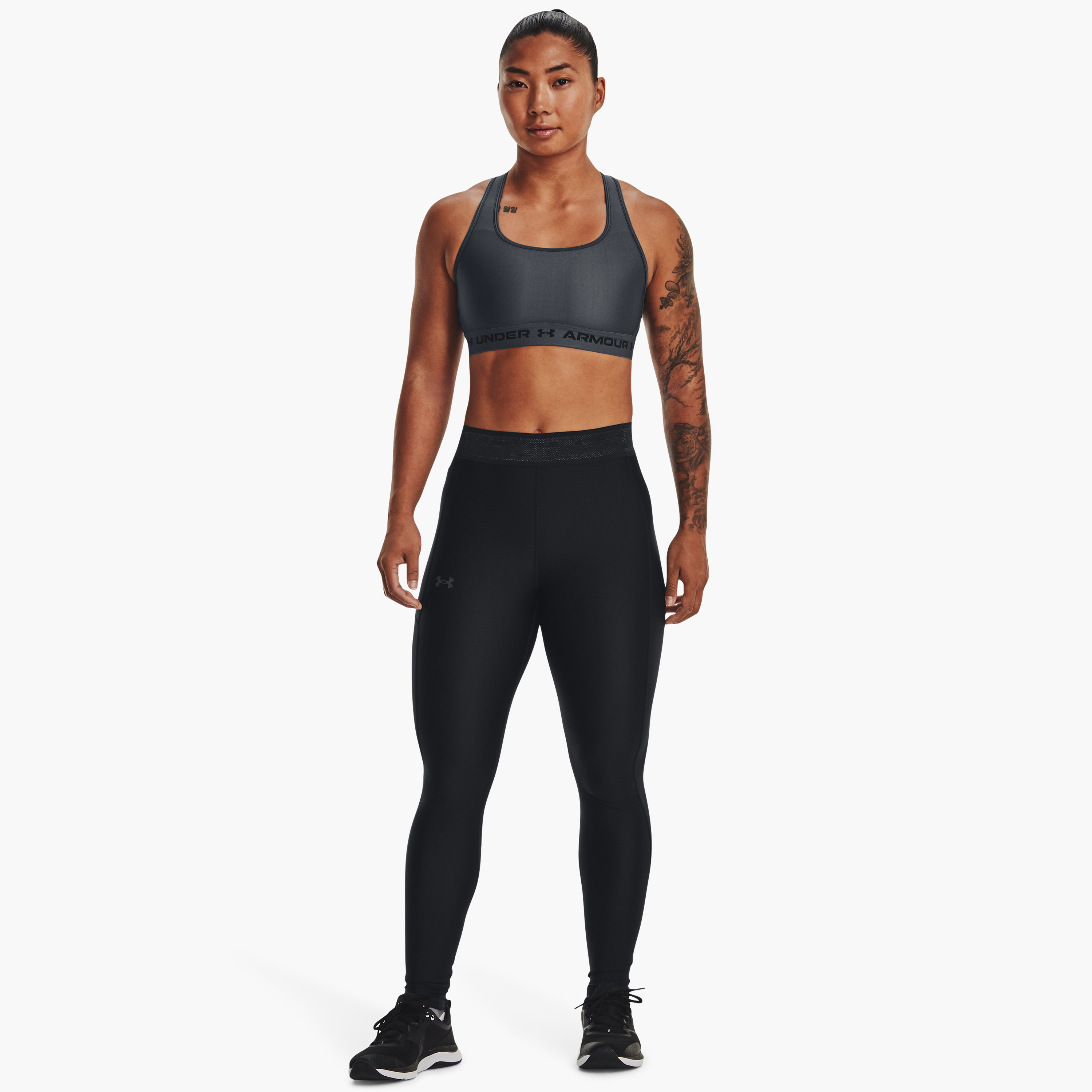 بنطلون ضيق بخصر مرتفع وساق سادة وبطبعة لوجو العلامة التجارية من اندر ارمور | 1377089-women-clothing-bottoms-leggings-image-2