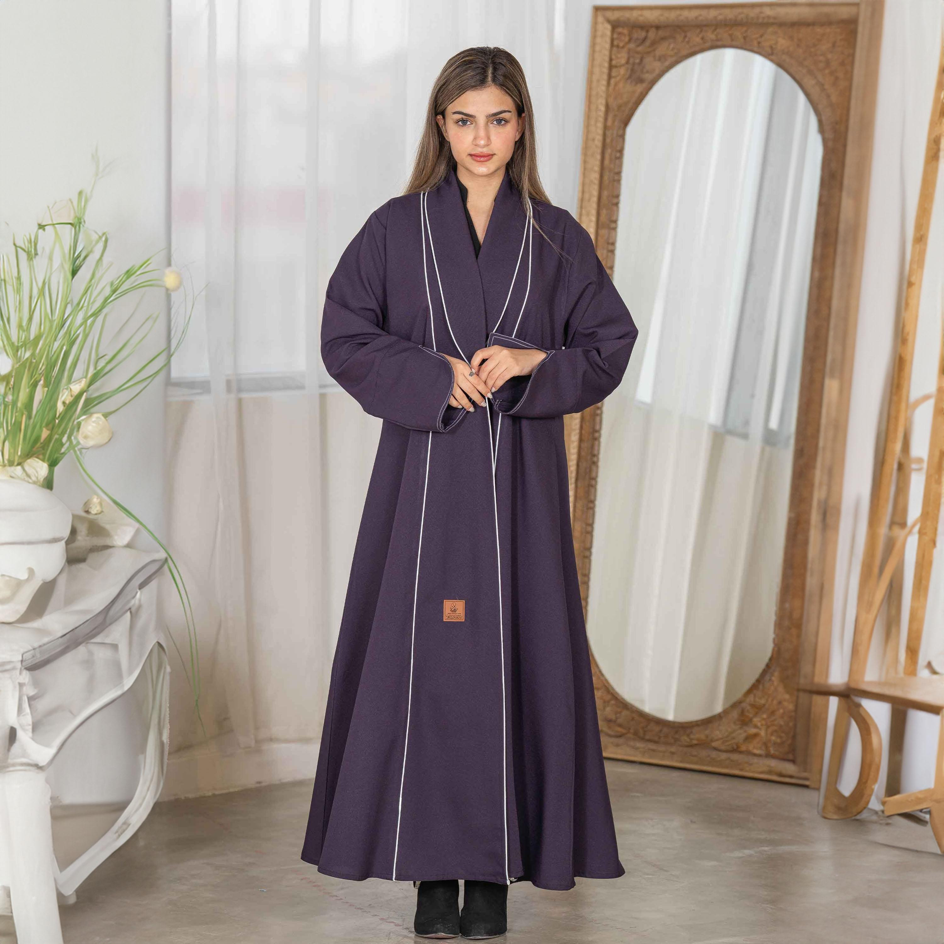Zahiyh Piping Detail Coat Style Abaya with Hijab-women-arabicclothing-abayas-image-1