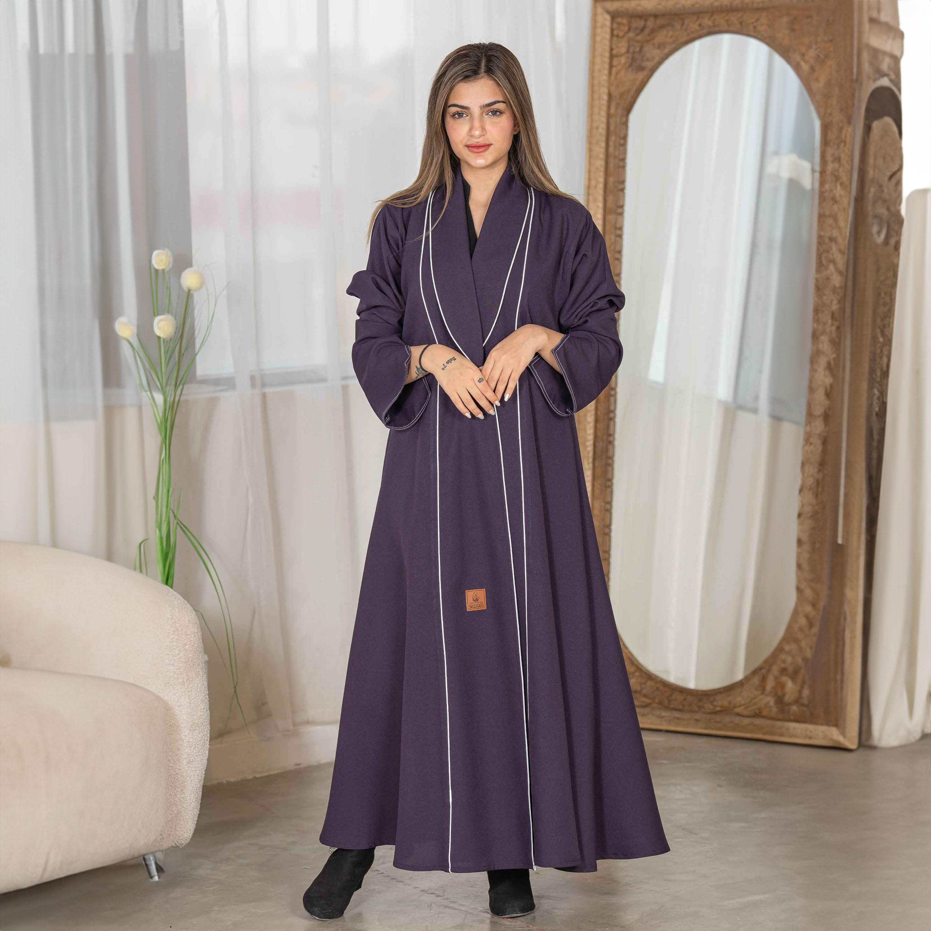 Zahiyh Piping Detail Coat Style Abaya with Hijab-women-arabicclothing-abayas-image-2