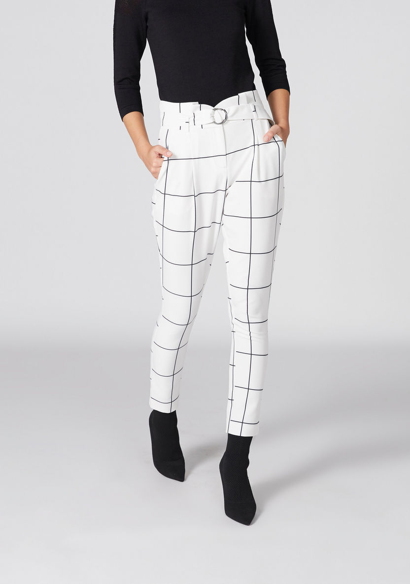 L'Homme Chequered Full Length Pants with Pocket and Belt Detail-Pants-image-0