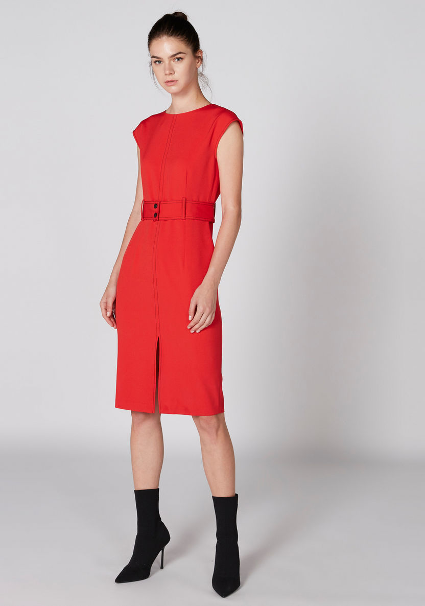 Elle Round Neck Midi Dress with Front Slit and Belt-Dresses-image-0