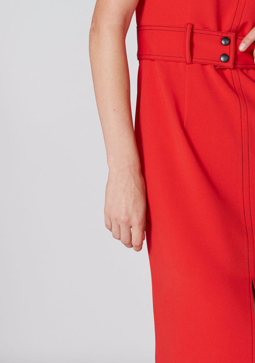 Elle Round Neck Midi Dress with Front Slit and Belt-Dresses-image-3