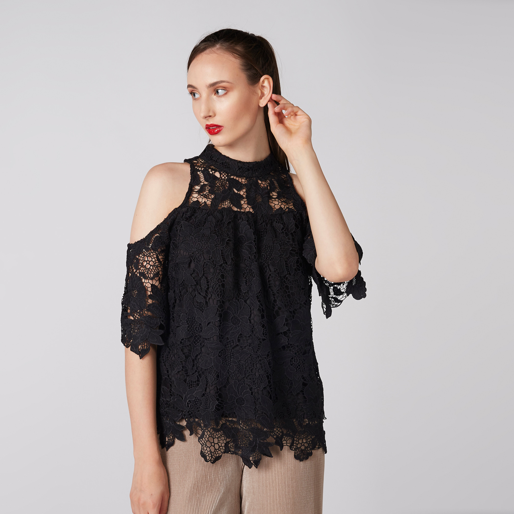 Buy Elle Cold Shoulder Top with High Neck and Lace Detail Splash UAE