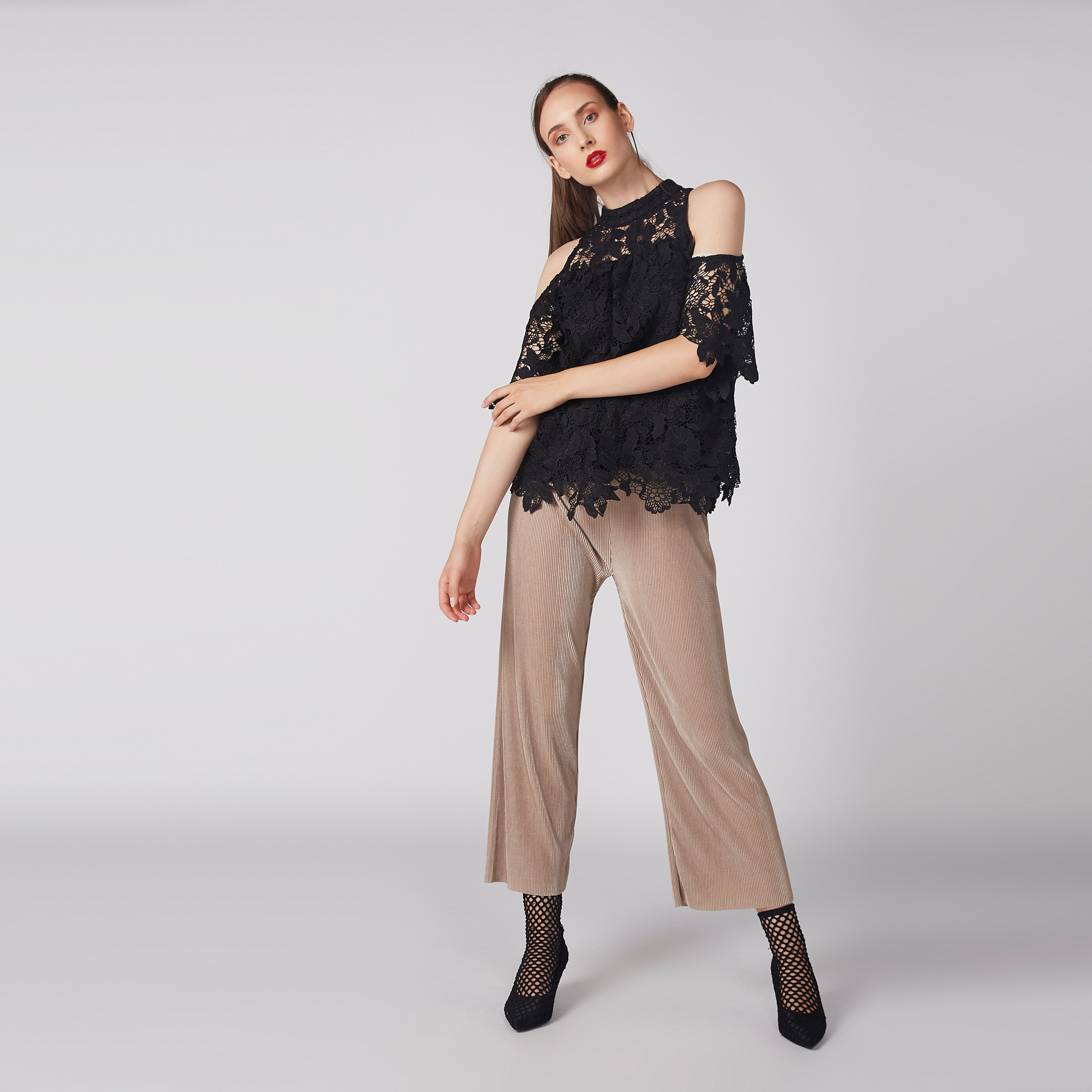 Buy Women s Elle Cold Shoulder Top with High Neck and Lace Detail Online Centrepoint Bahrain