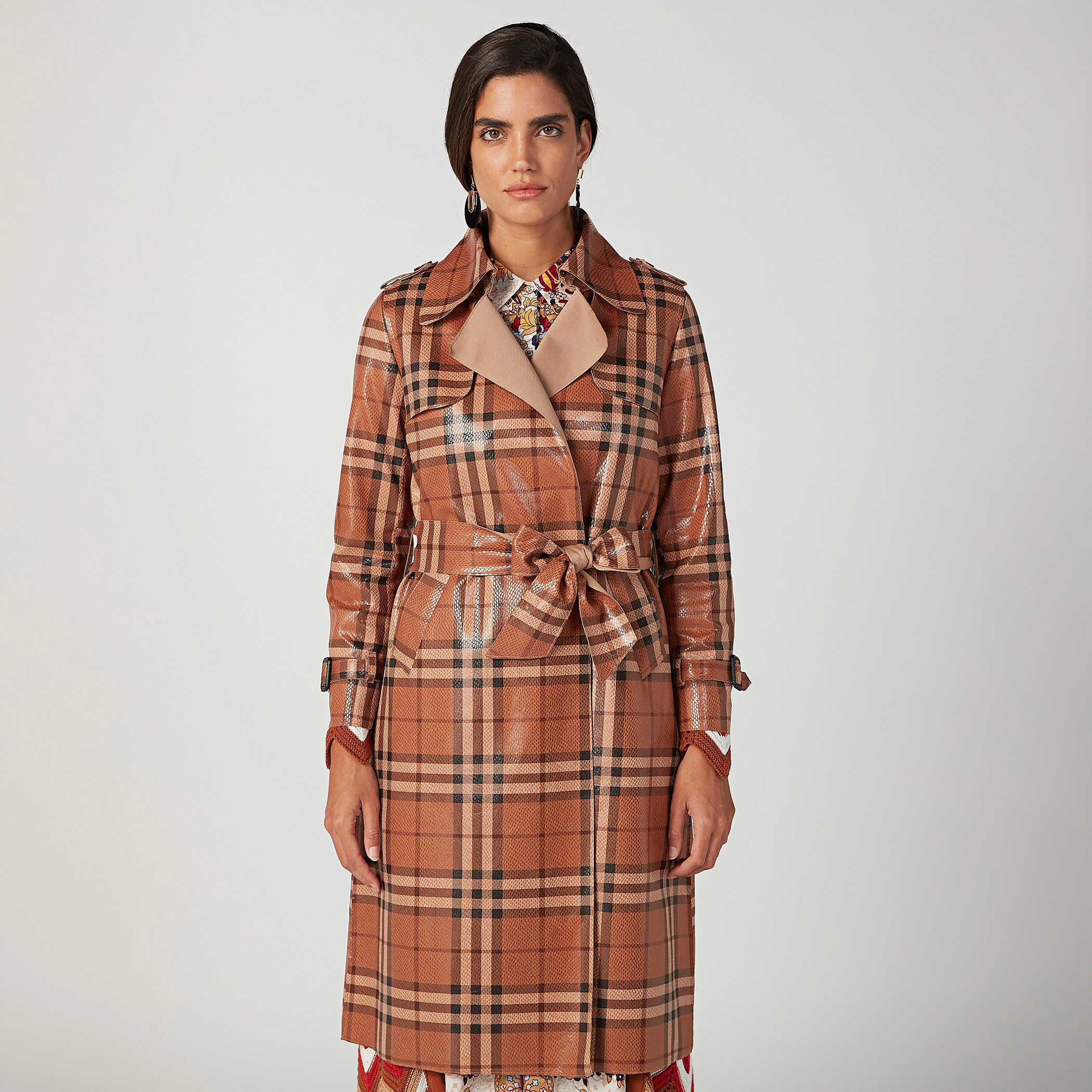 chequered trench coat