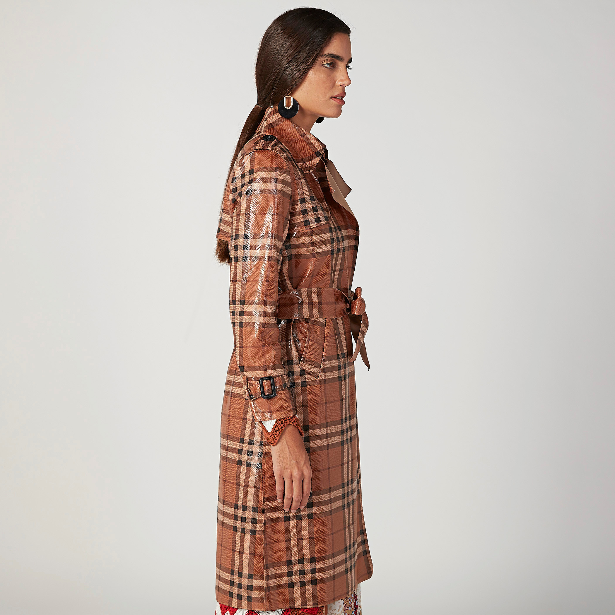 ELLE Straight Fit Chequered Trench Coat 