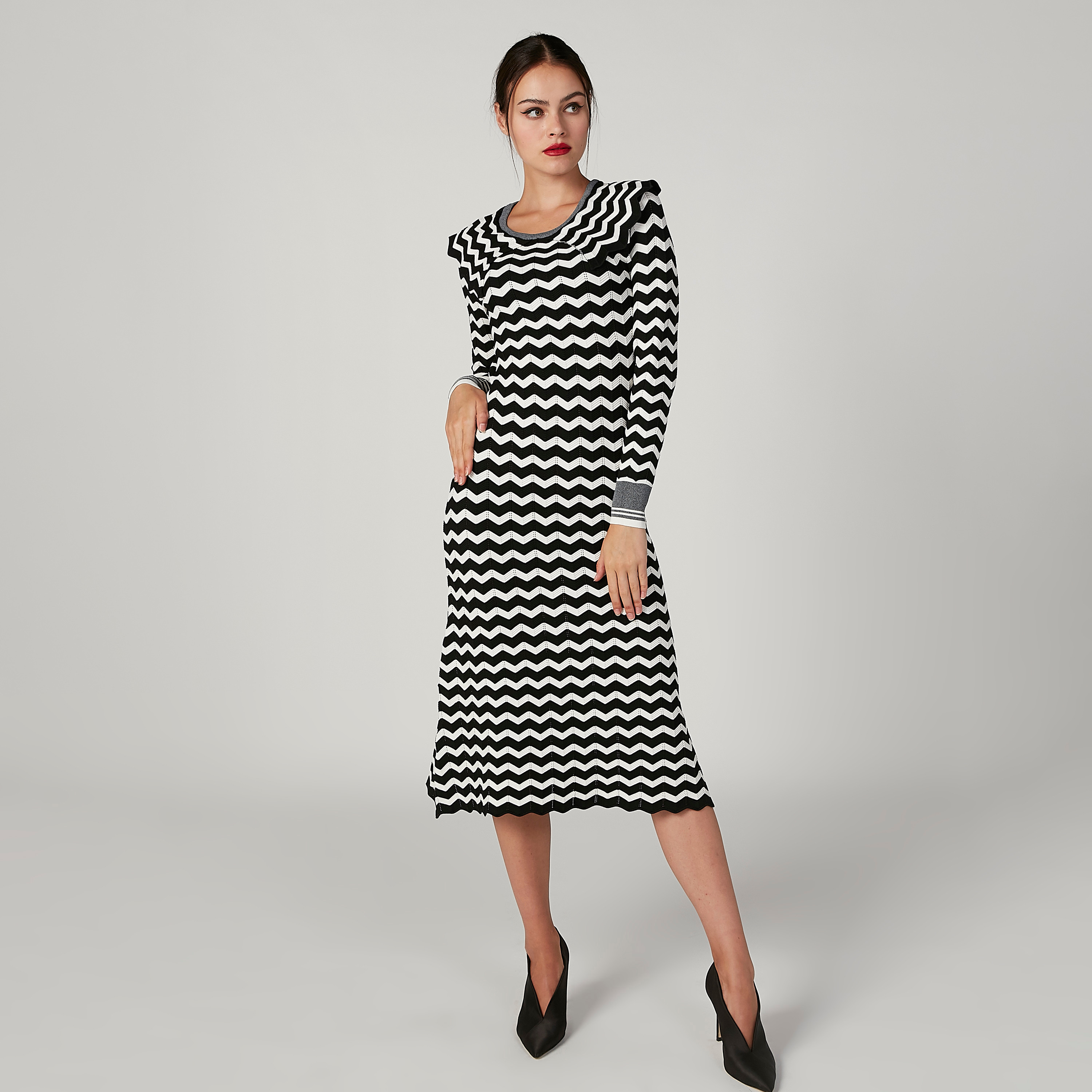 فستان ميدي إيه لاين مقلّم بياقة مستديرة وأكمام طويلة من إيل-women-clothing-dresses-image-1