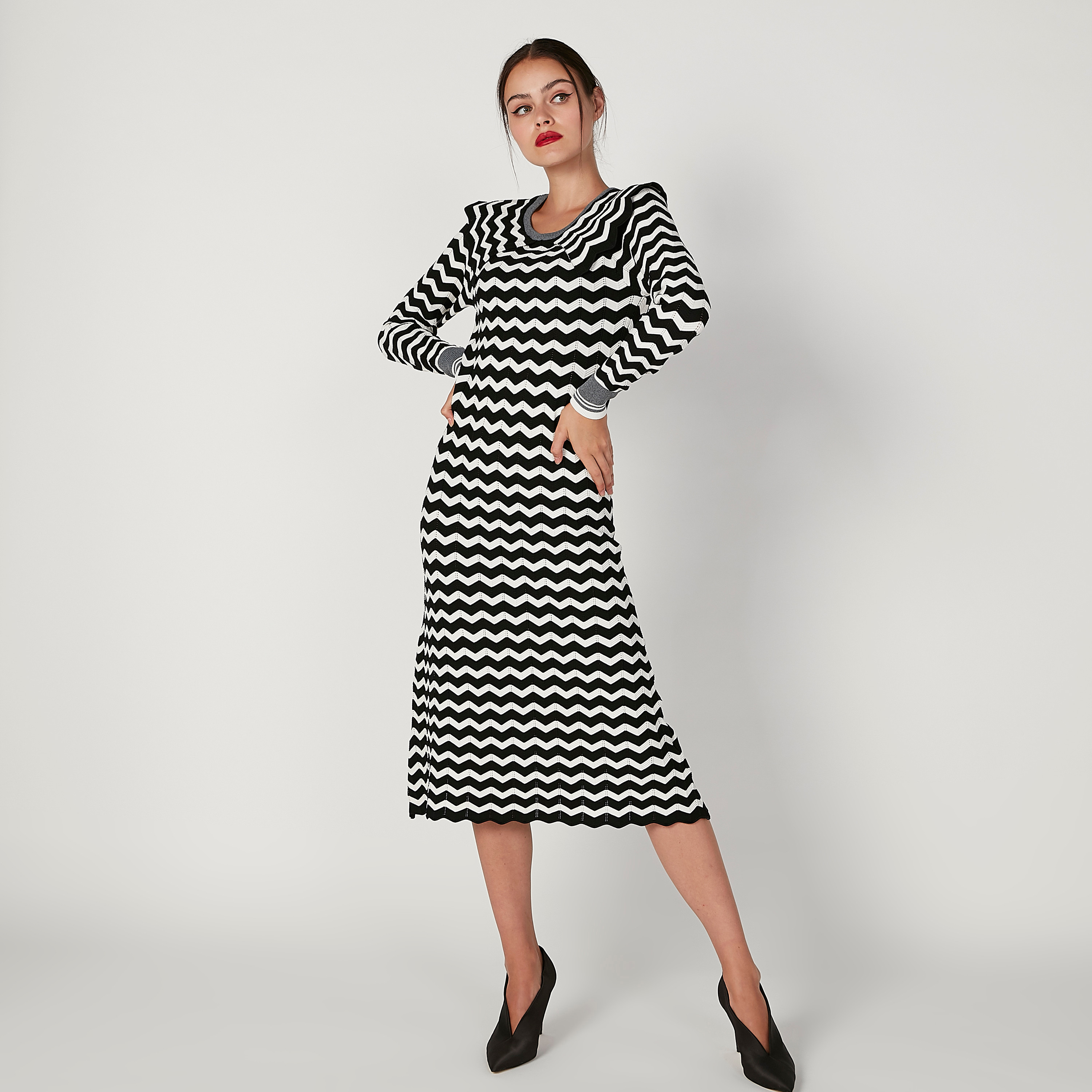 فستان ميدي إيه لاين مقلّم بياقة مستديرة وأكمام طويلة من إيل-women-clothing-dresses-image-5