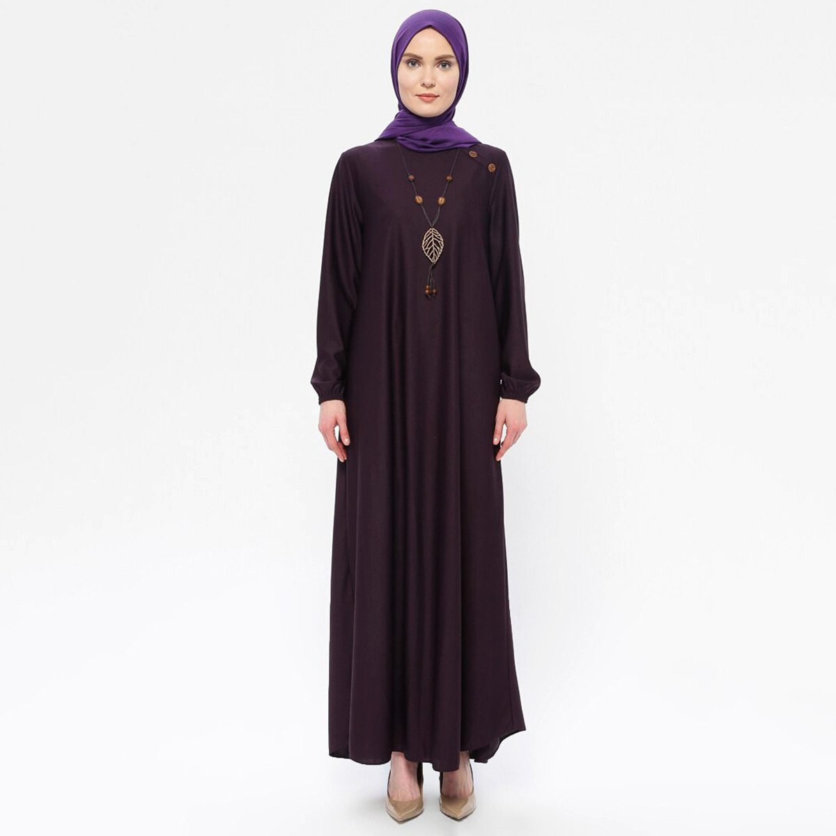 Women Solid Round Neck Maxi Dress ECESUN By Modanisa-women-clothing-dresses-image-3