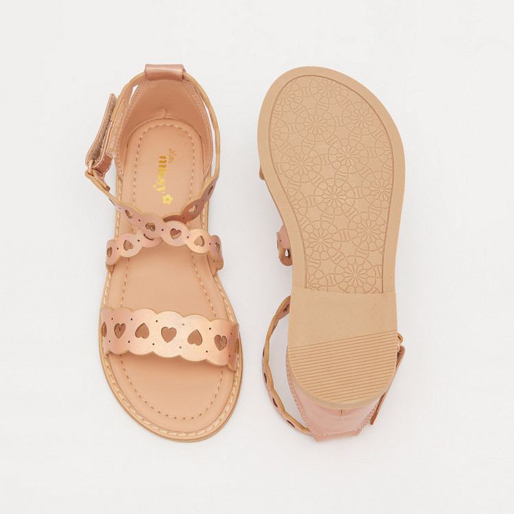 Little Missy Laser Cut-Out Detail Flat Sandals with Hook and Loop Closure
